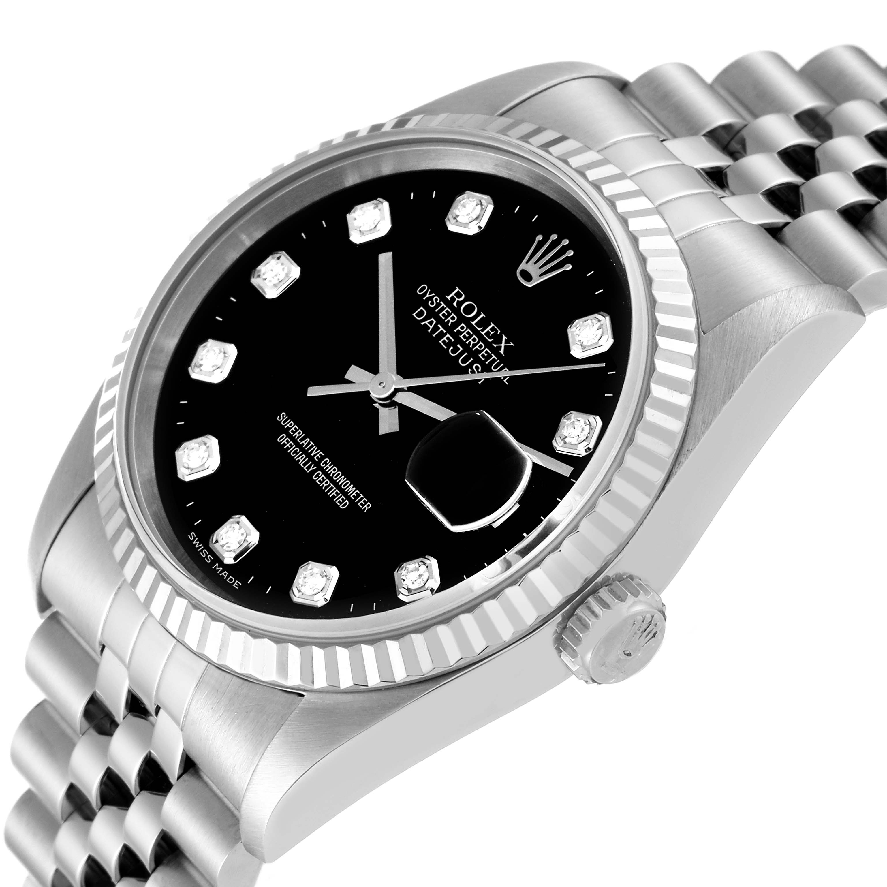 The image shows a Rolex Datejust 16234G Men's Stainless Steel Black Dial 16234G Men's Stainless Steel Black Dial watch at a slight angle, highlighting the dial, bezel, crown, and part of the bracelet.