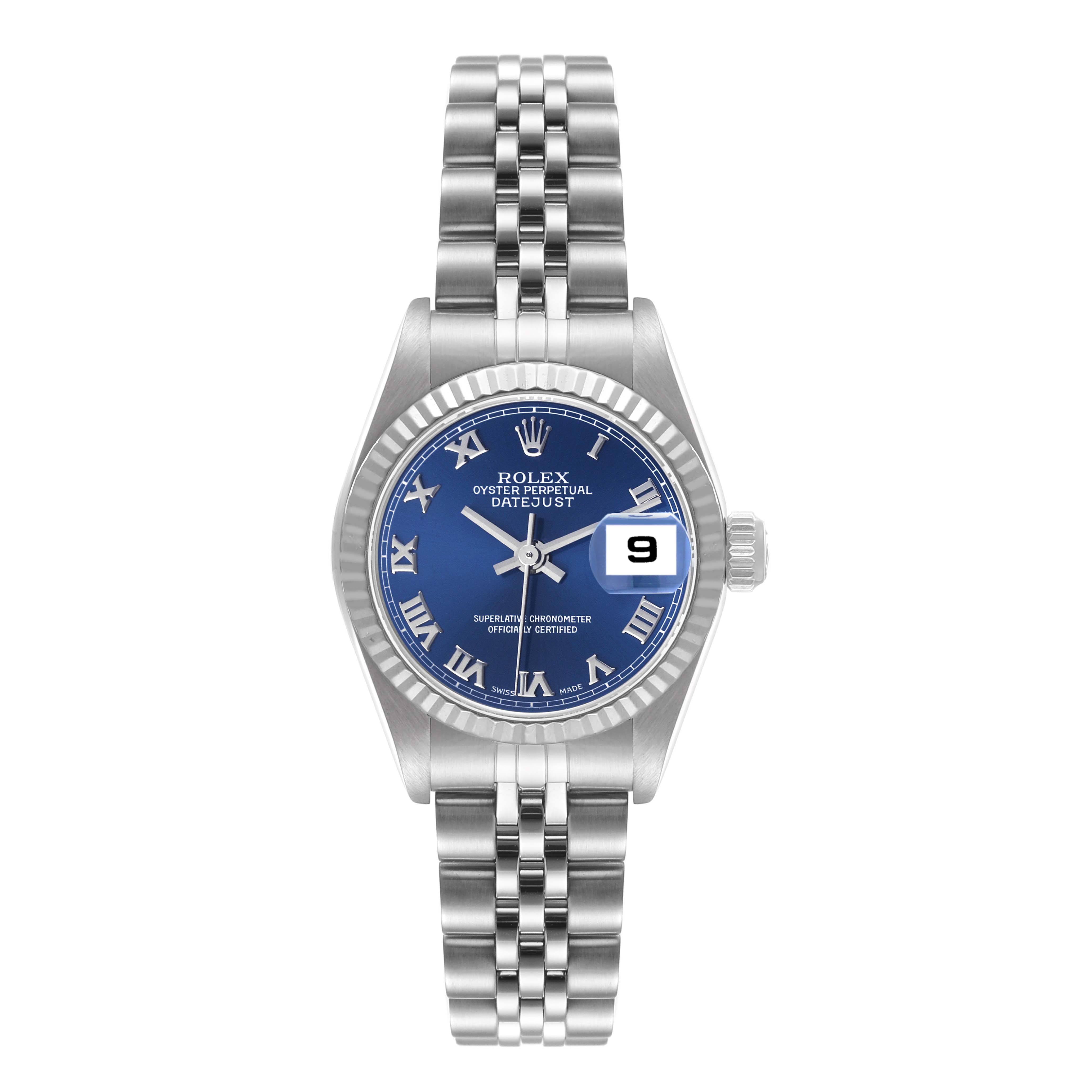 The image shows a front view of the Rolex Datejust 79174 Women's Stainless Steel Blue Dial 79174 Women's Stainless Steel Blue Dial watch, featuring its blue dial, Roman numerals, and Jubilee bracelet.
