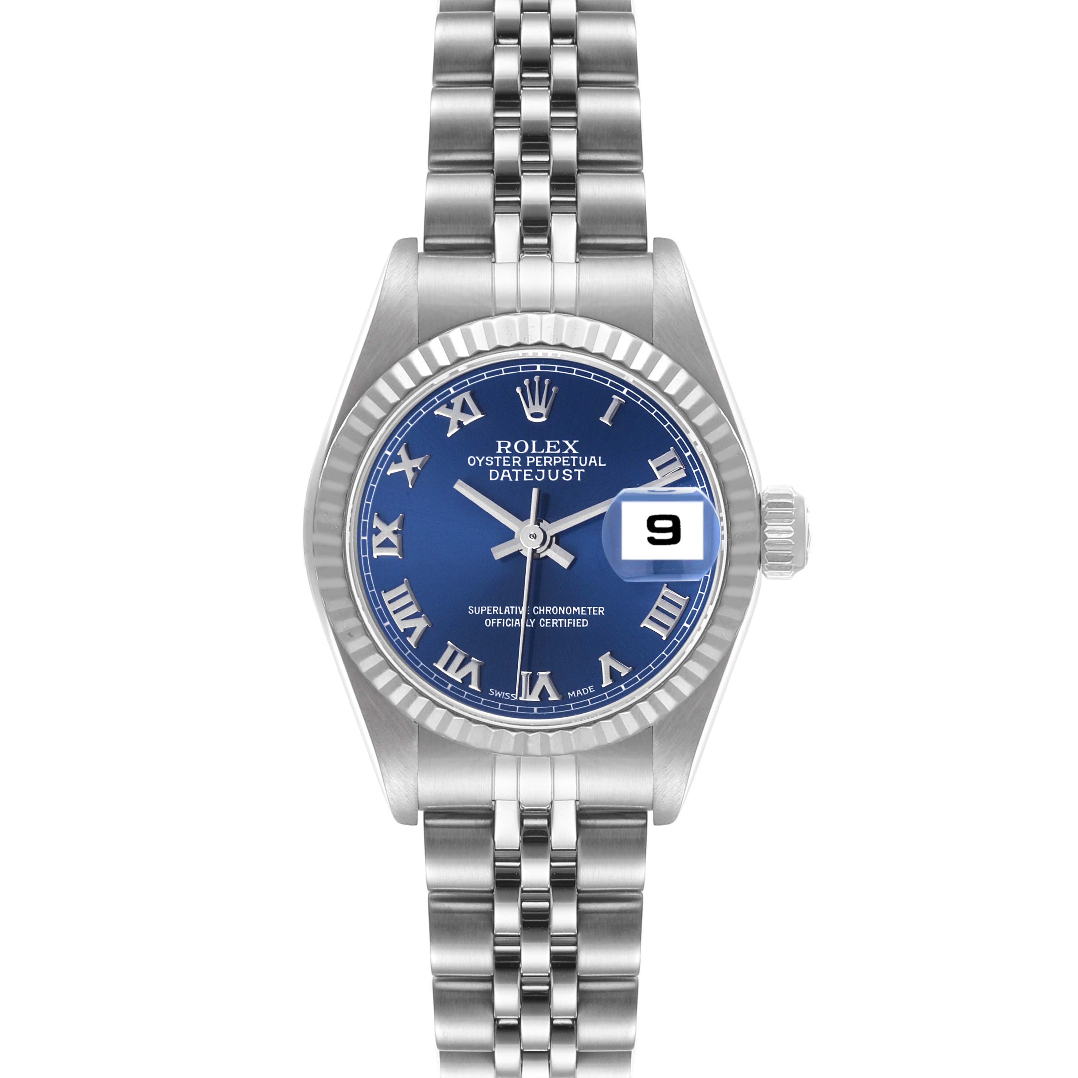 This image shows a frontal view of a Rolex Datejust 79174 Women's Stainless Steel Blue Dial 79174 Women's Stainless Steel Blue Dial watch with a blue dial and a two-tone silver and steel bracelet.