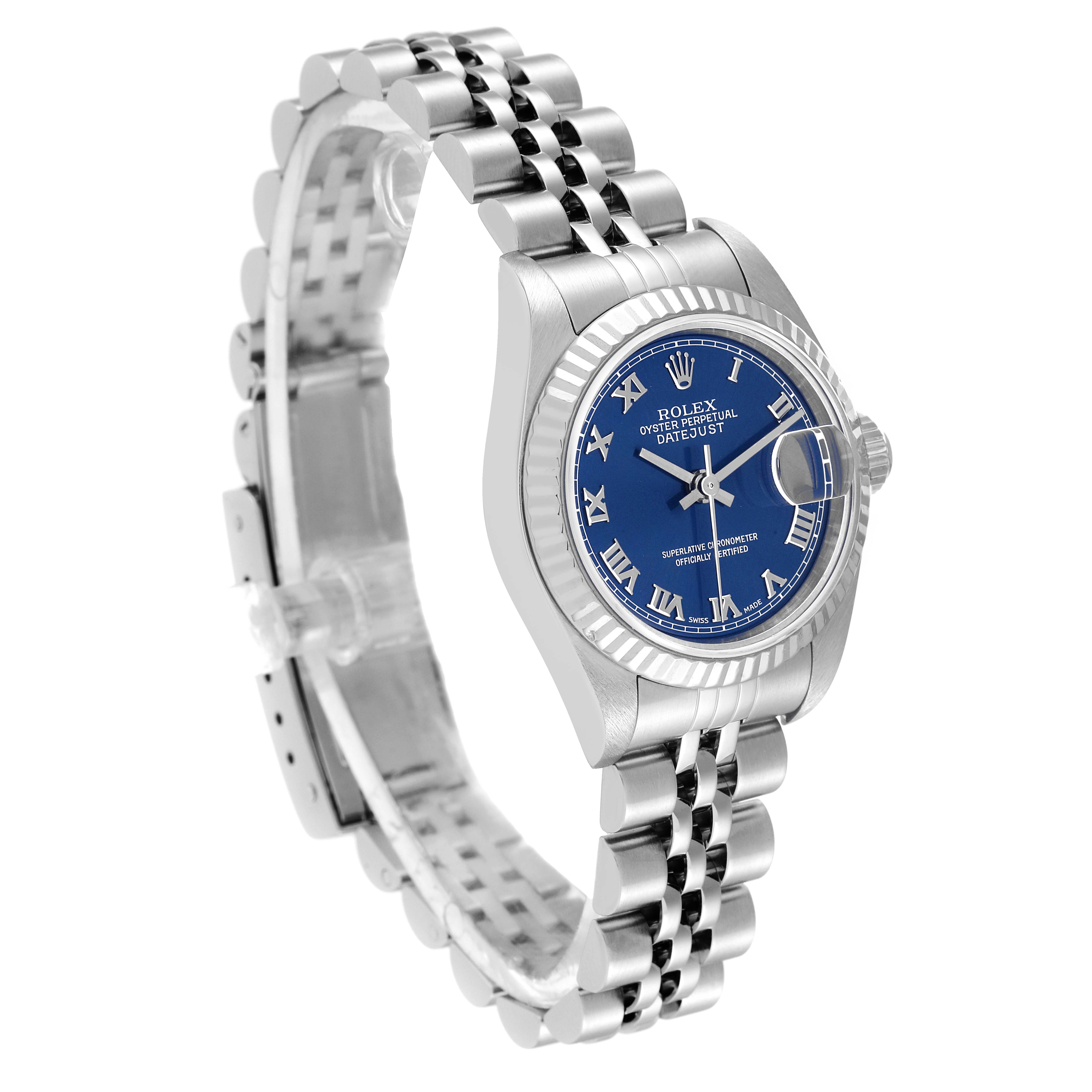 The Rolex Datejust 79174 Women's Stainless Steel Blue Dial 79174 Women's Stainless Steel Blue Dial watch is shown at a three-quarter angle, displaying the blue dial, fluted bezel, and Jubilee bracelet.