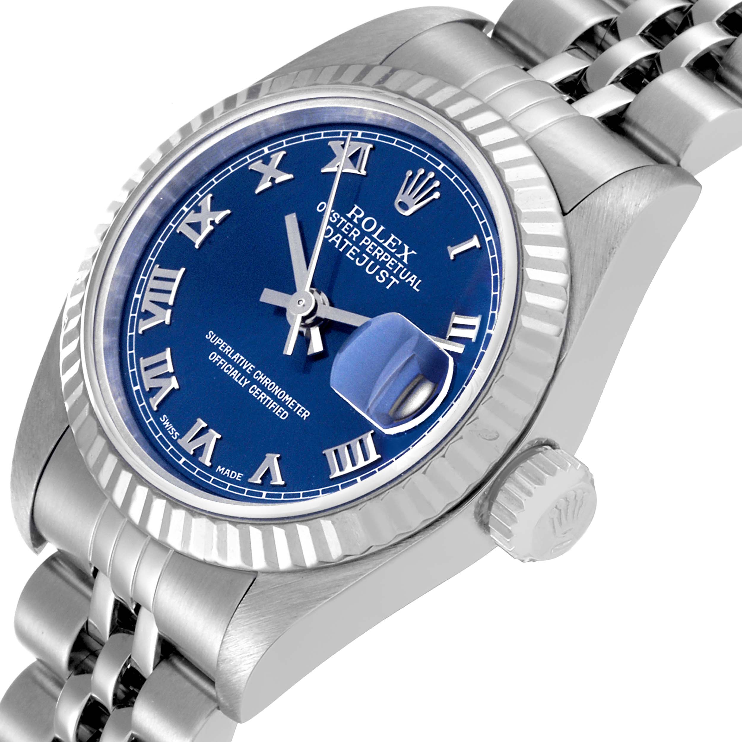 This image shows a Rolex Datejust 79174 Women's Stainless Steel Blue Dial 79174 Women's Stainless Steel Blue Dial watch from a tilted angle, highlighting its blue dial, fluted bezel, and Jubilee bracelet.