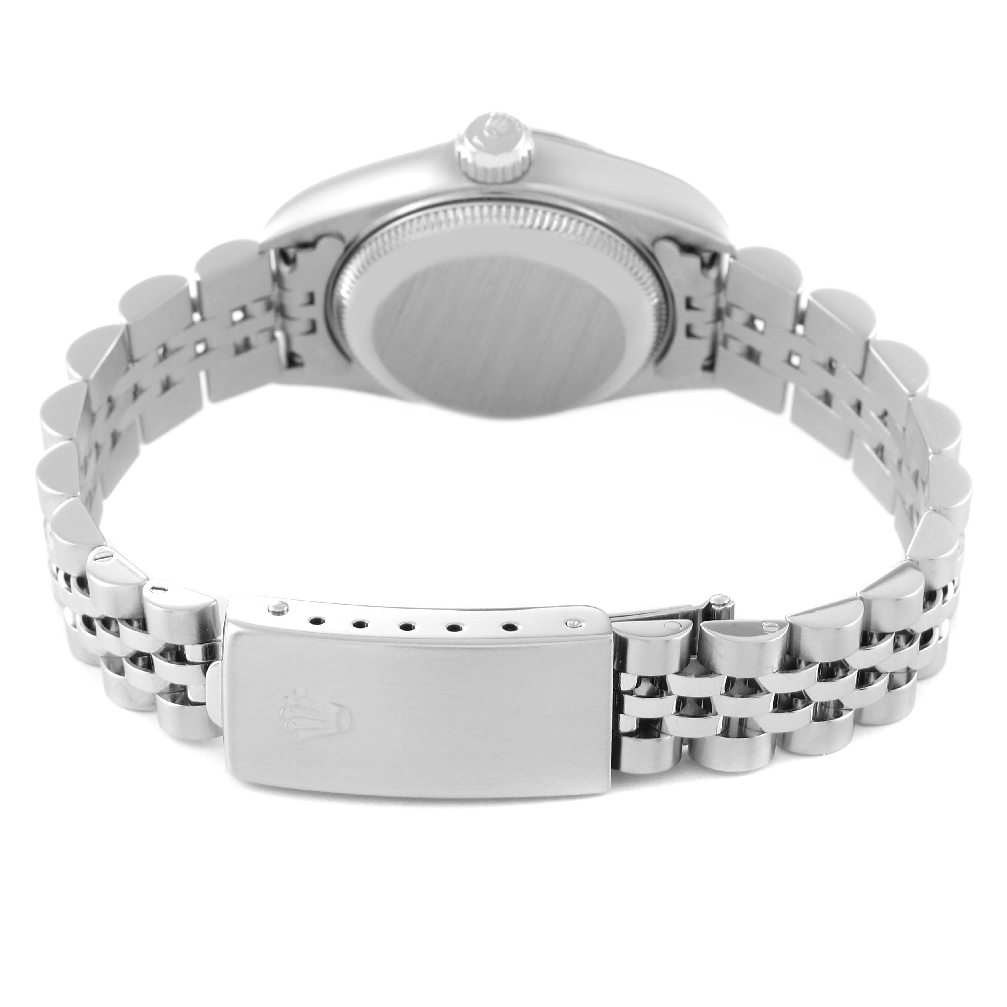 The image shows the back case and jubilee bracelet of a Rolex Datejust 79174 Women's Stainless Steel Blue Dial 79174 Women's Stainless Steel Blue Dial watch from a rear angle.