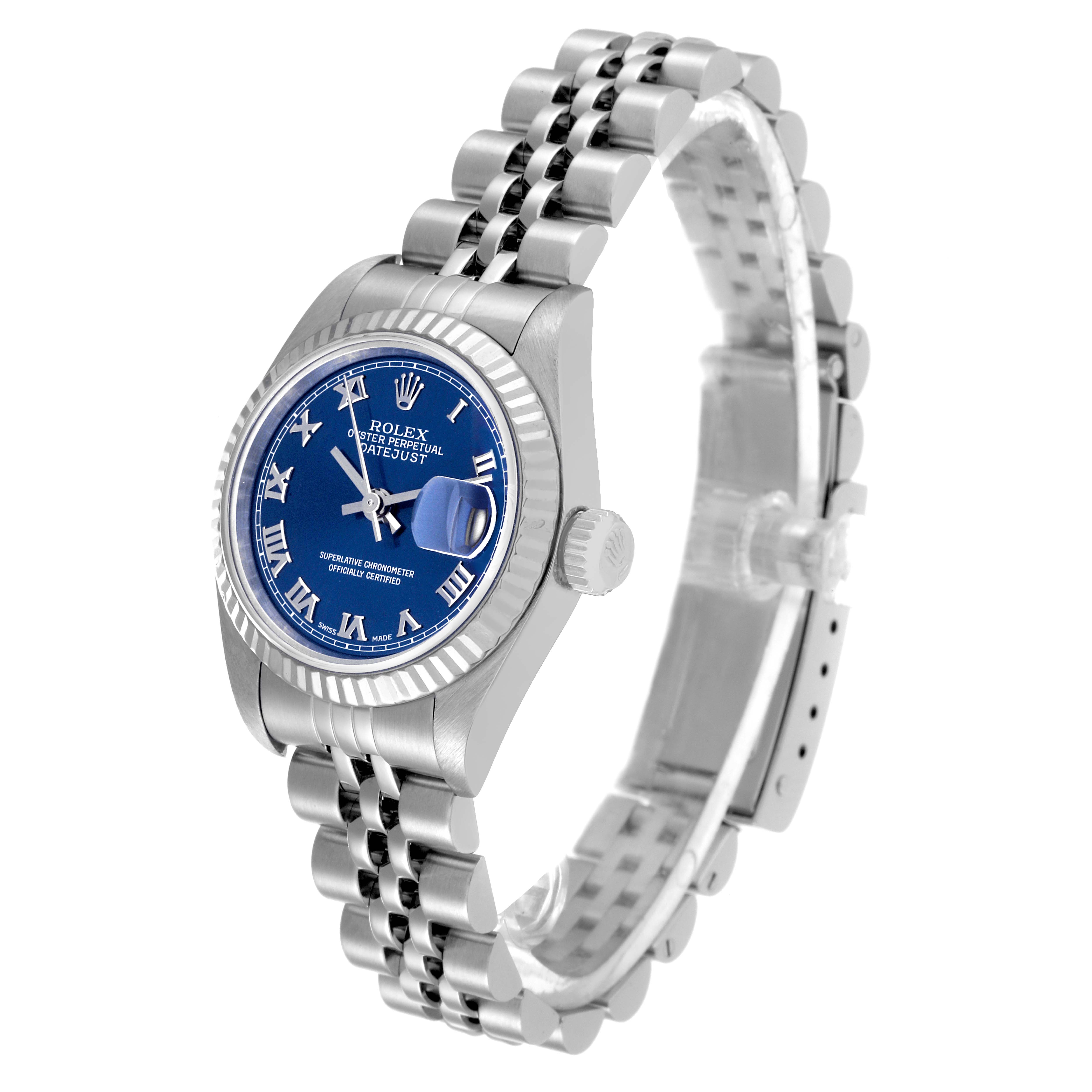 The image shows a Rolex Datejust 79174 Women's Stainless Steel Blue Dial 79174 Women's Stainless Steel Blue Dial watch at an oblique angle, highlighting its blue dial, fluted bezel, and Jubilee bracelet.