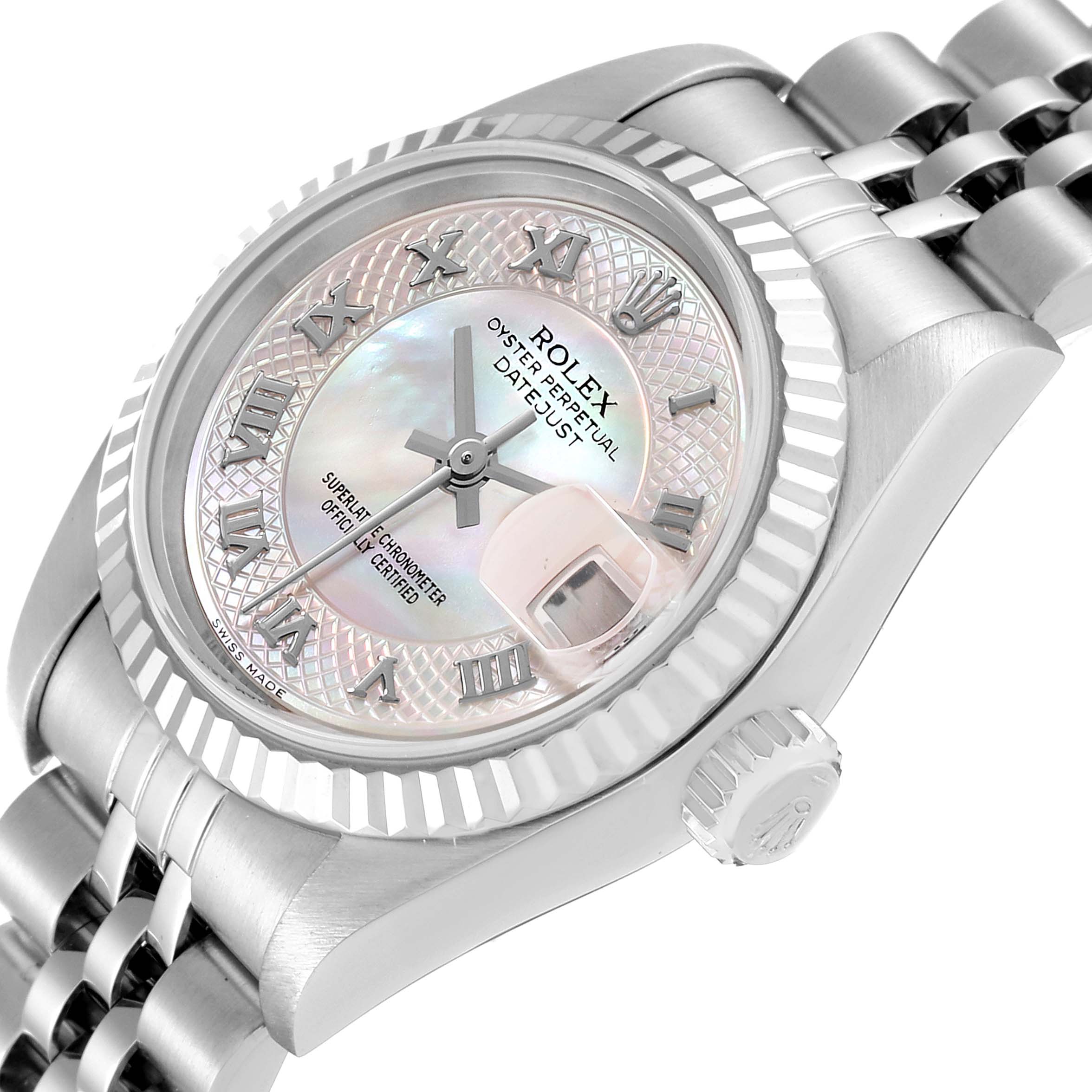 This image shows a close-up angled view of the Rolex Datejust 79174 Women's Stainless Steel Mother of Pearl Dial 79174 Women's Stainless Steel Mother of Pearl Dial, highlighting the dial, bezel, crown, and part of the bracelet.