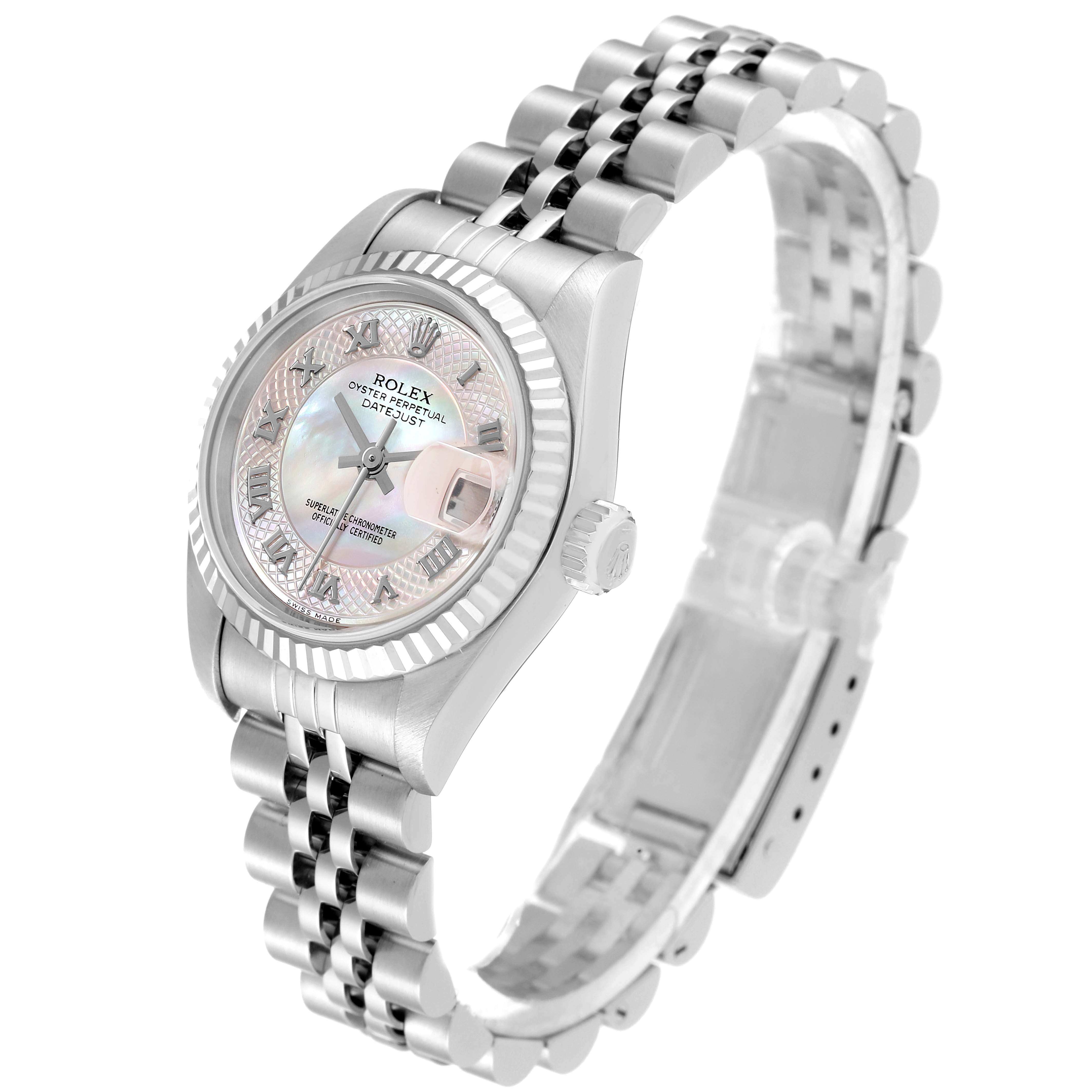 The image shows the Rolex Datejust 79174 Women's Stainless Steel Mother of Pearl Dial 79174 Women's Stainless Steel Mother of Pearl Dial watch from a three-quarter angle, displaying the watch face, bezel, crown, and bracelet.