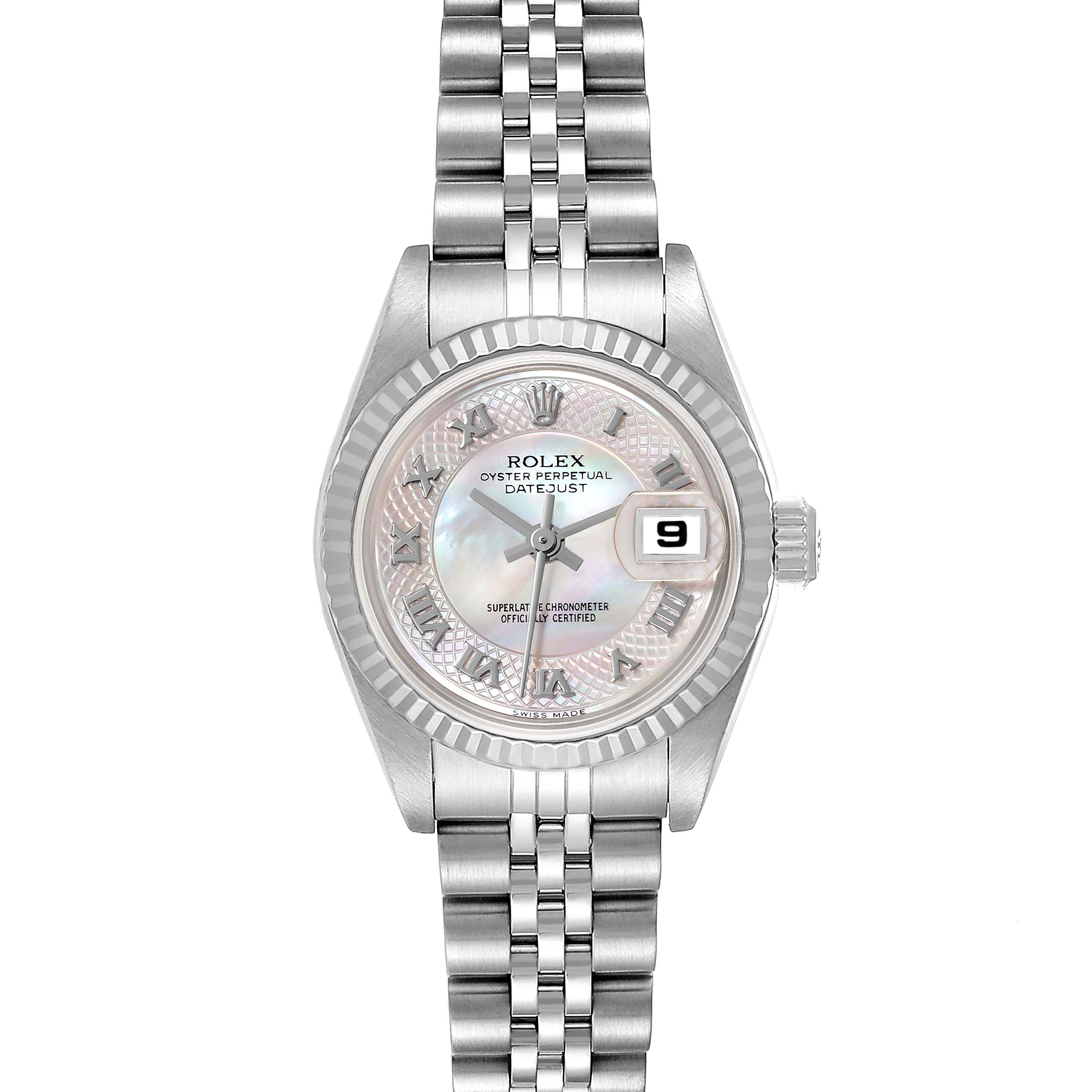 This image of a Rolex Datejust 79174 Women's Stainless Steel Mother of Pearl Dial 79174 Women's Stainless Steel Mother of Pearl Dial watch is taken from the front, showing the dial, bezel, crown, and bracelet.