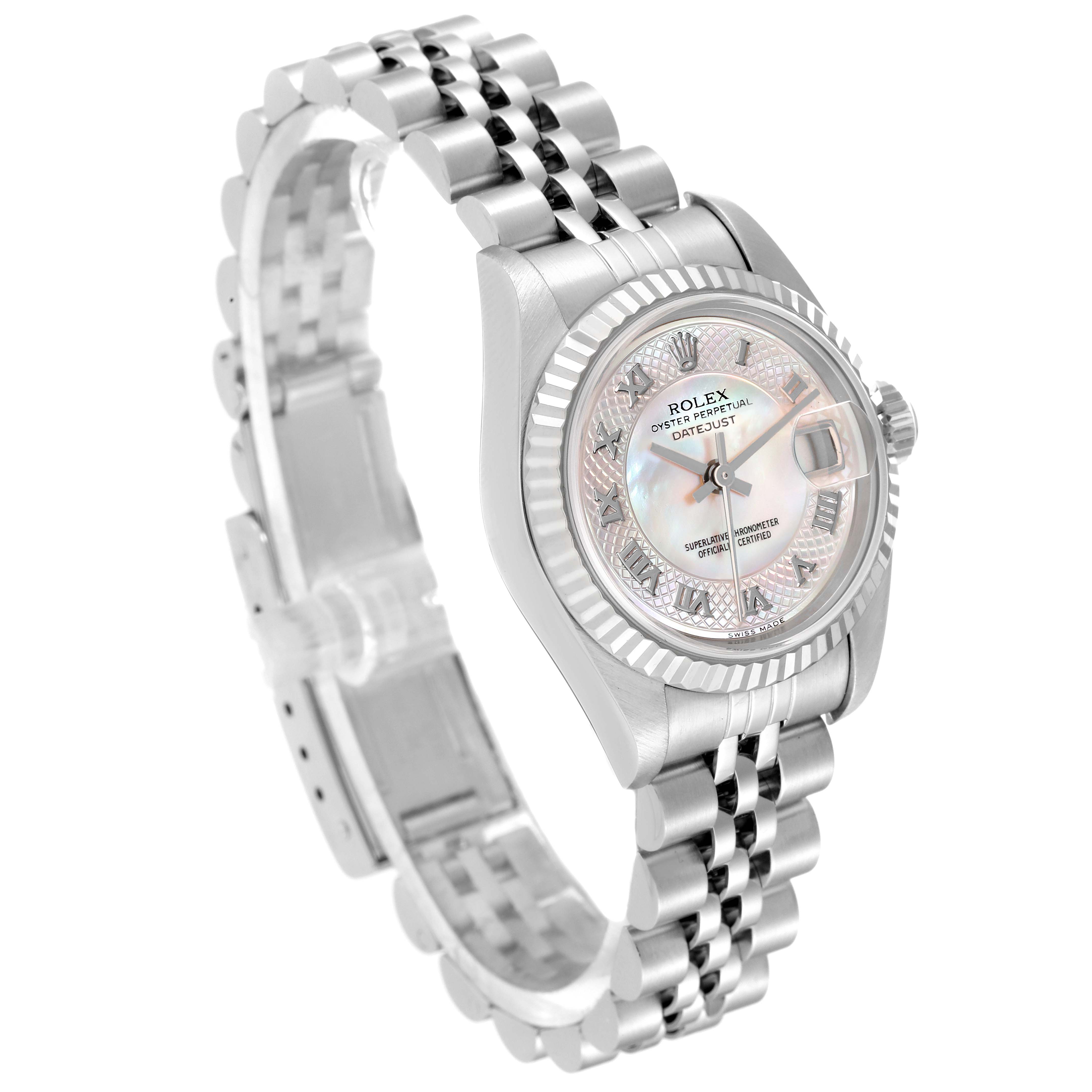 The image shows a Rolex Datejust 79174 Women's Stainless Steel Mother of Pearl Dial 79174 Women's Stainless Steel Mother of Pearl Dial watch from an angled side view, highlighting the dial, bracelet, and fluted bezel.