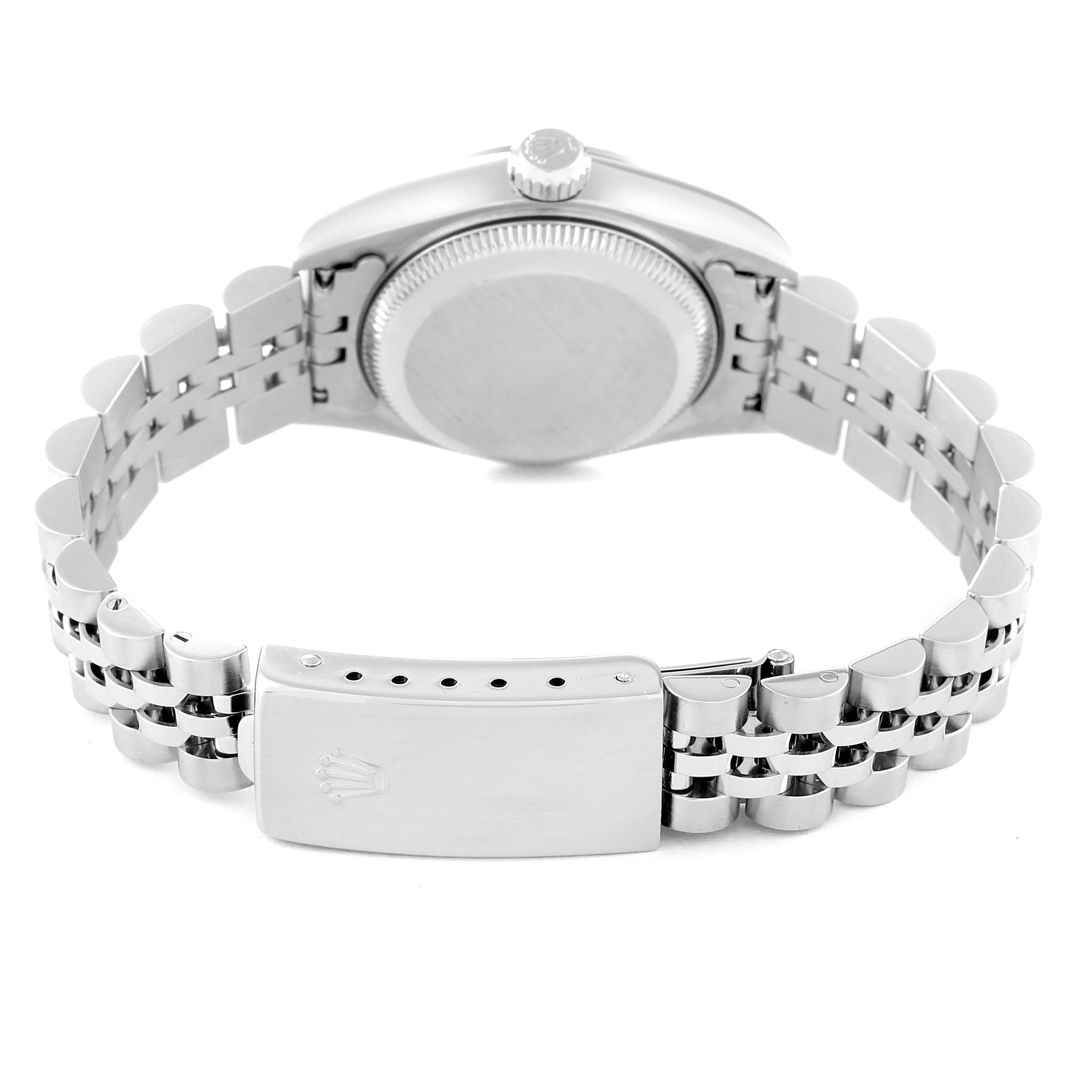 This image shows the back and clasp of a Rolex Datejust 79174 Women's Stainless Steel Mother of Pearl Dial 79174 Women's Stainless Steel Mother of Pearl Dial watch, highlighting the bracelet and caseback.