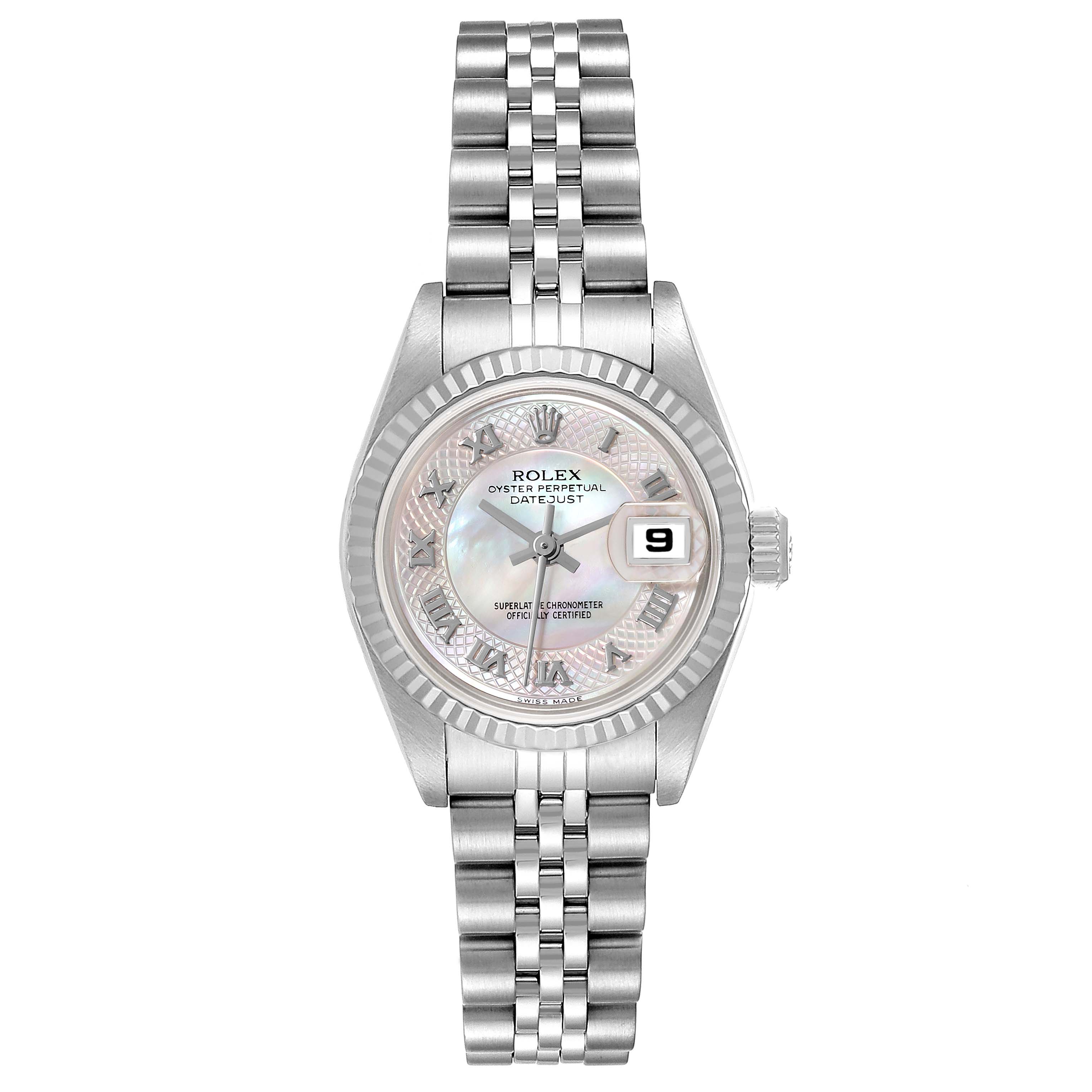 The image shows a front view of the Rolex Datejust 79174 Women's Stainless Steel Mother of Pearl Dial 79174 Women's Stainless Steel Mother of Pearl Dial watch, featuring its dial, bezel, and bracelet.