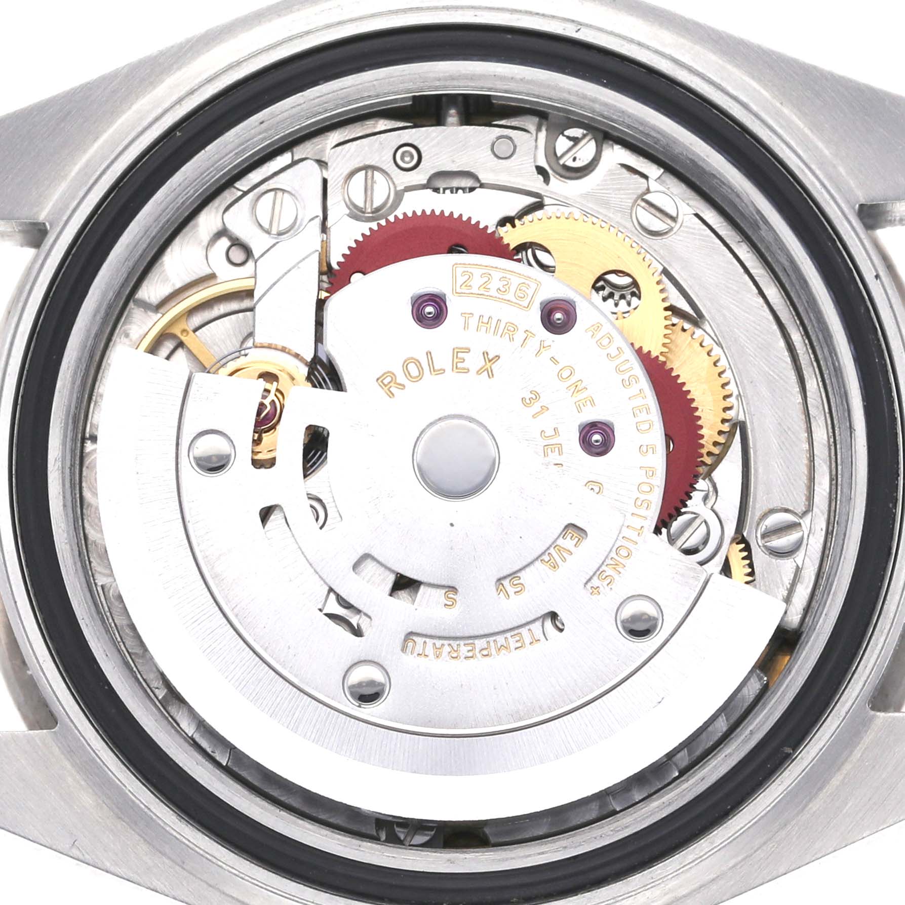 The image shows a close-up view of the Rolex Datejust 279384 Women's Stainless Steel Mother of Pearl Dial 279384 Women's Stainless Steel Mother of Pearl Dial's movement and internal mechanisms.