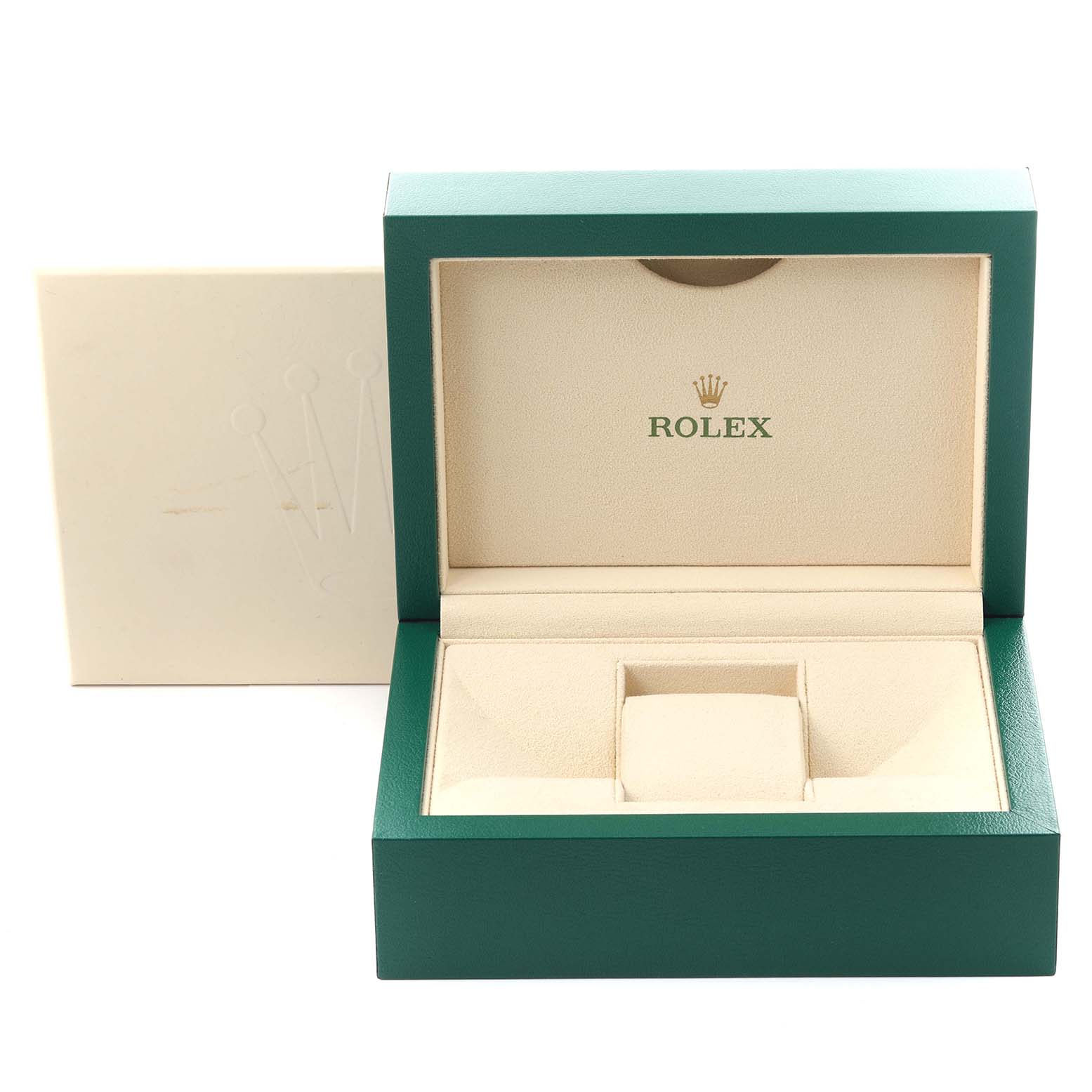 The image shows an open Rolex Datejust 279384 Women's Stainless Steel Mother of Pearl Dial 279384 Women's Stainless Steel Mother of Pearl Dial watch box from the front, featuring green and beige colors with the Rolex logo.