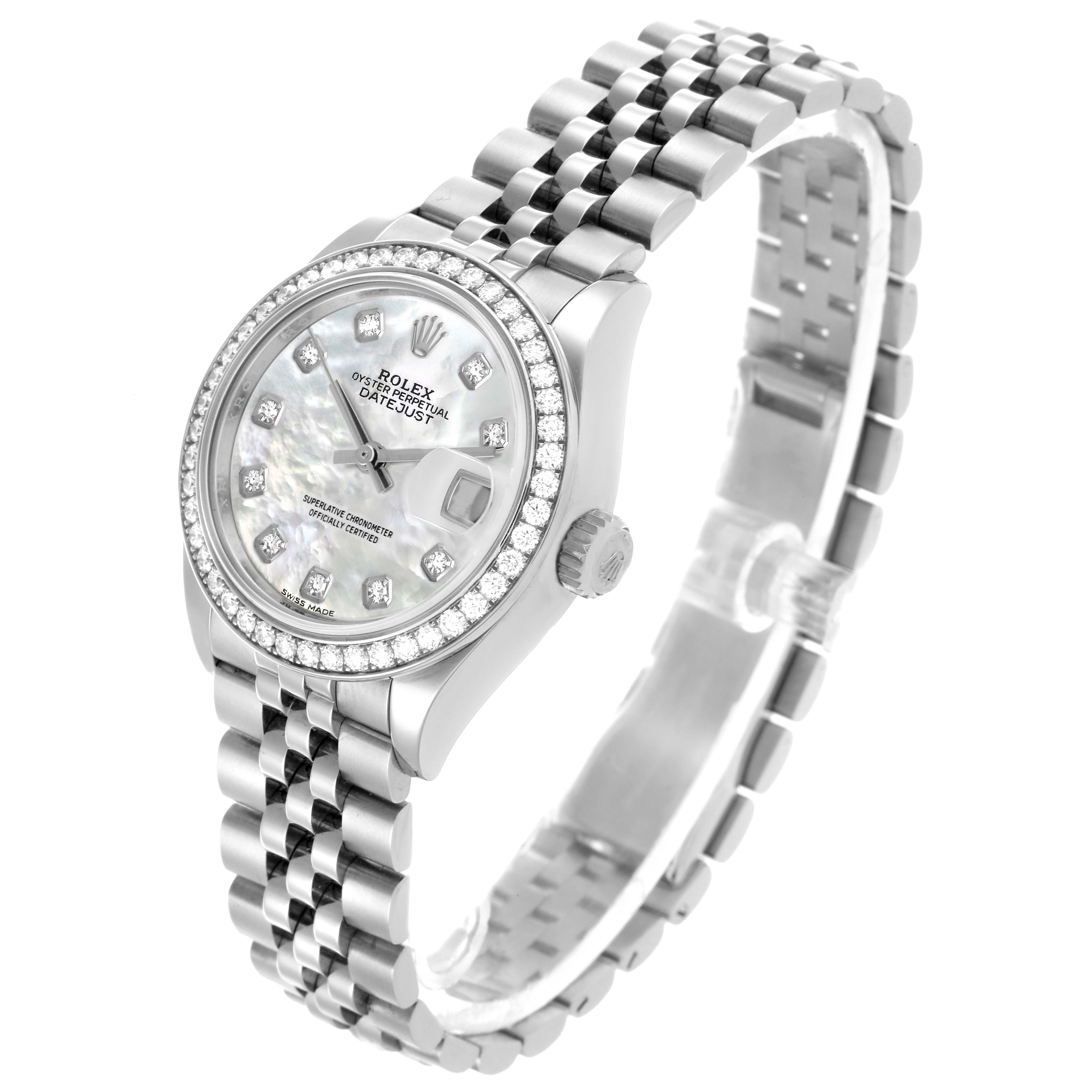 The Rolex Datejust 279384 Women's Stainless Steel Mother of Pearl Dial 279384 Women's Stainless Steel Mother of Pearl Dial watch is shown at a three-quarter angle, highlighting the face, bezel, crown, and bracelet.