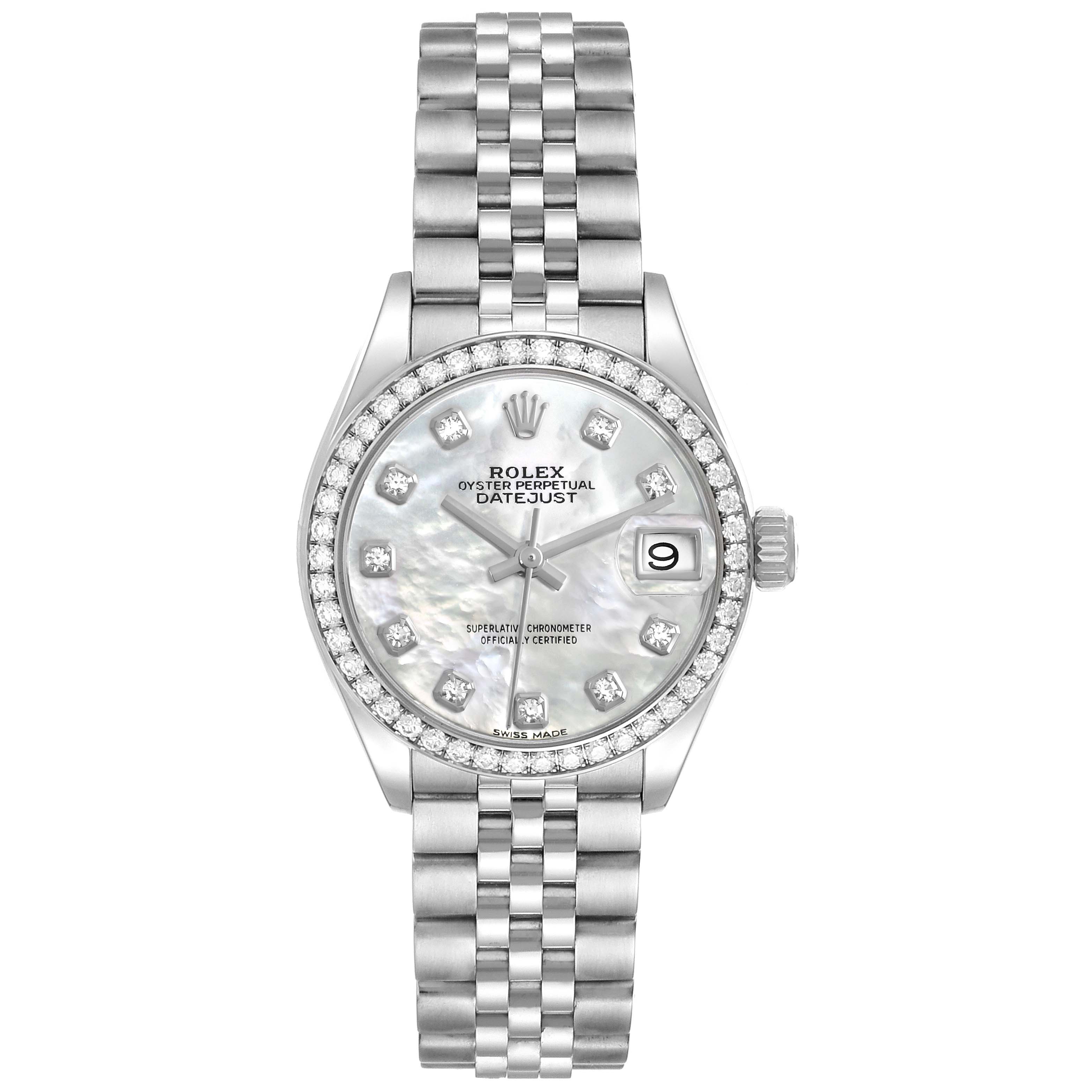 The Rolex Datejust 279384 Women's Stainless Steel Mother of Pearl Dial 279384 Women's Stainless Steel Mother of Pearl Dial watch is shown from the front, displaying its face, bezel, and full bracelet.