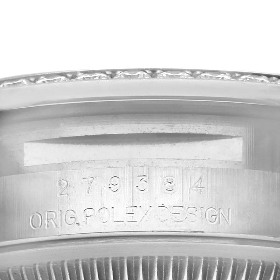 The image shows a close-up of the case side engraved with "ORIG POLEXDESIGN" on the Rolex Datejust 279384 Women's Stainless Steel Mother of Pearl Dial 279384 Women's Stainless Steel Mother of Pearl Dial model.