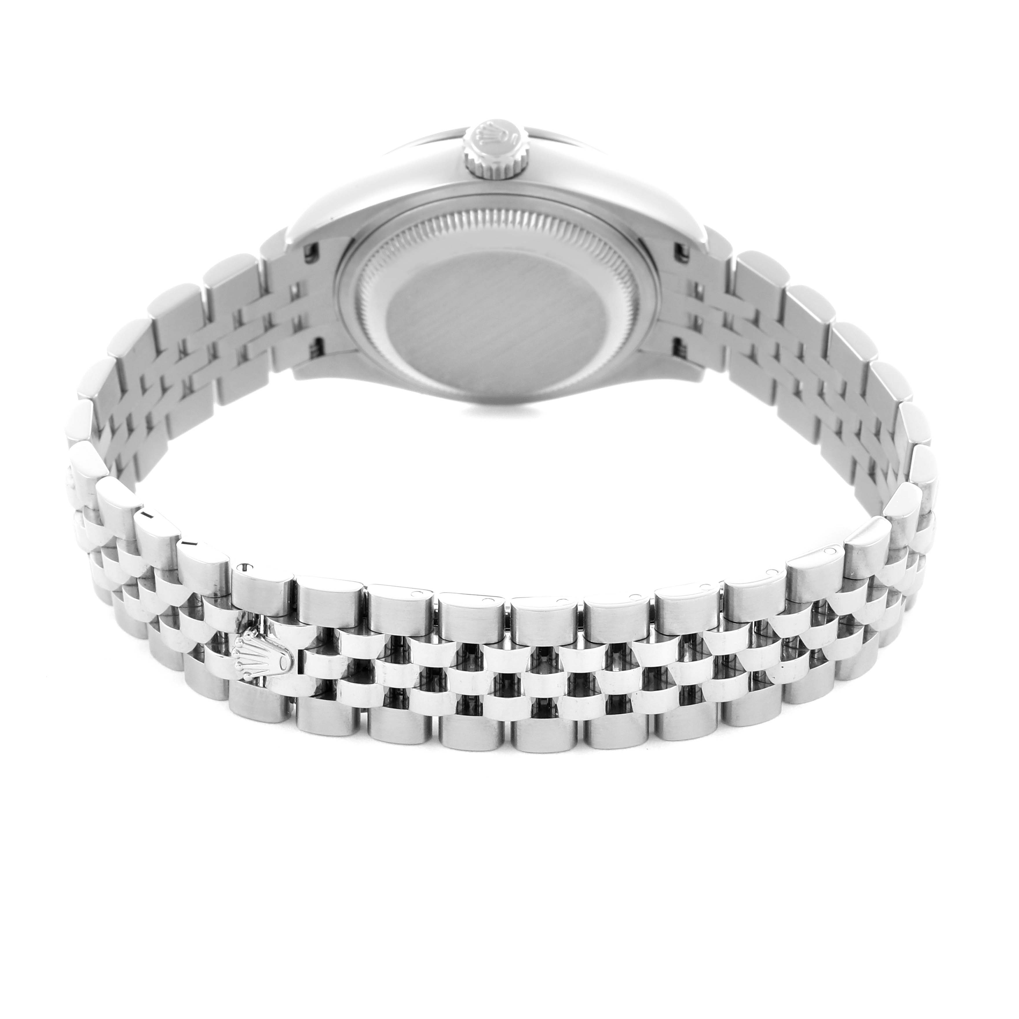 The image shows the back case and bracelet of a Rolex Datejust 279384 Women's Stainless Steel Mother of Pearl Dial 279384 Women's Stainless Steel Mother of Pearl Dial watch from a rear angle.