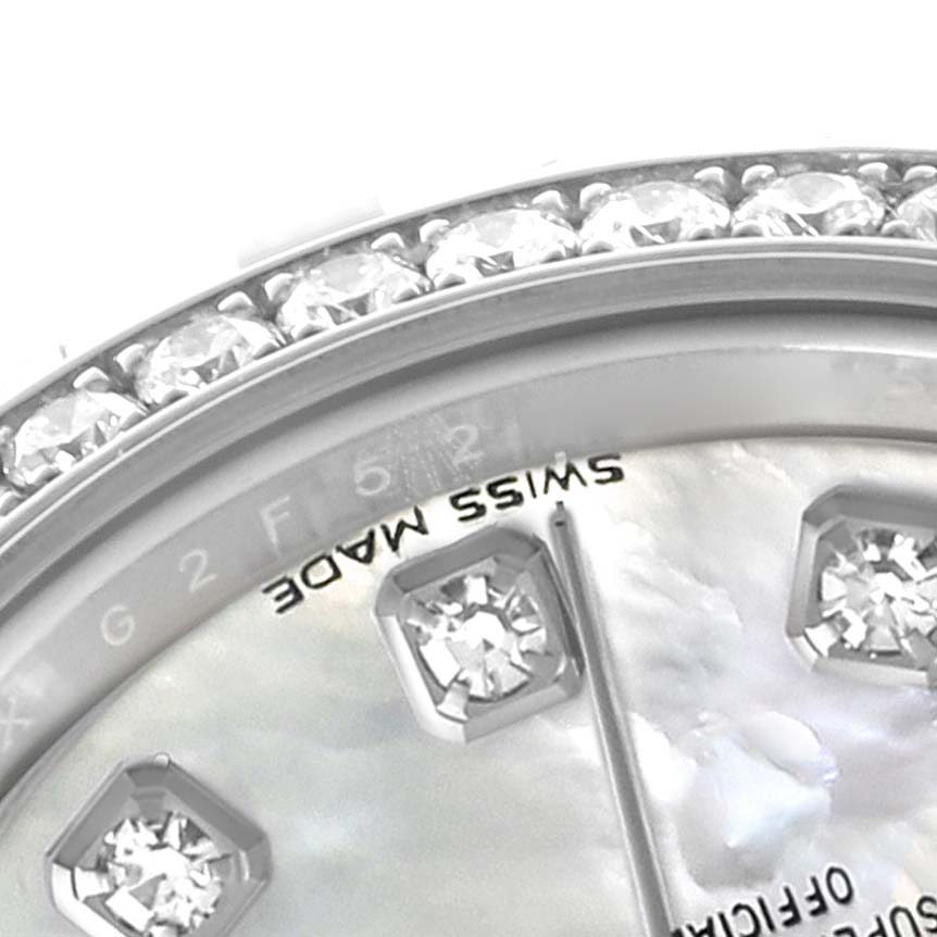 The Rolex Datejust 279384 Women's Stainless Steel Mother of Pearl Dial 279384 Women's Stainless Steel Mother of Pearl Dial image shows a close-up of the dial's diamonds and bezel.