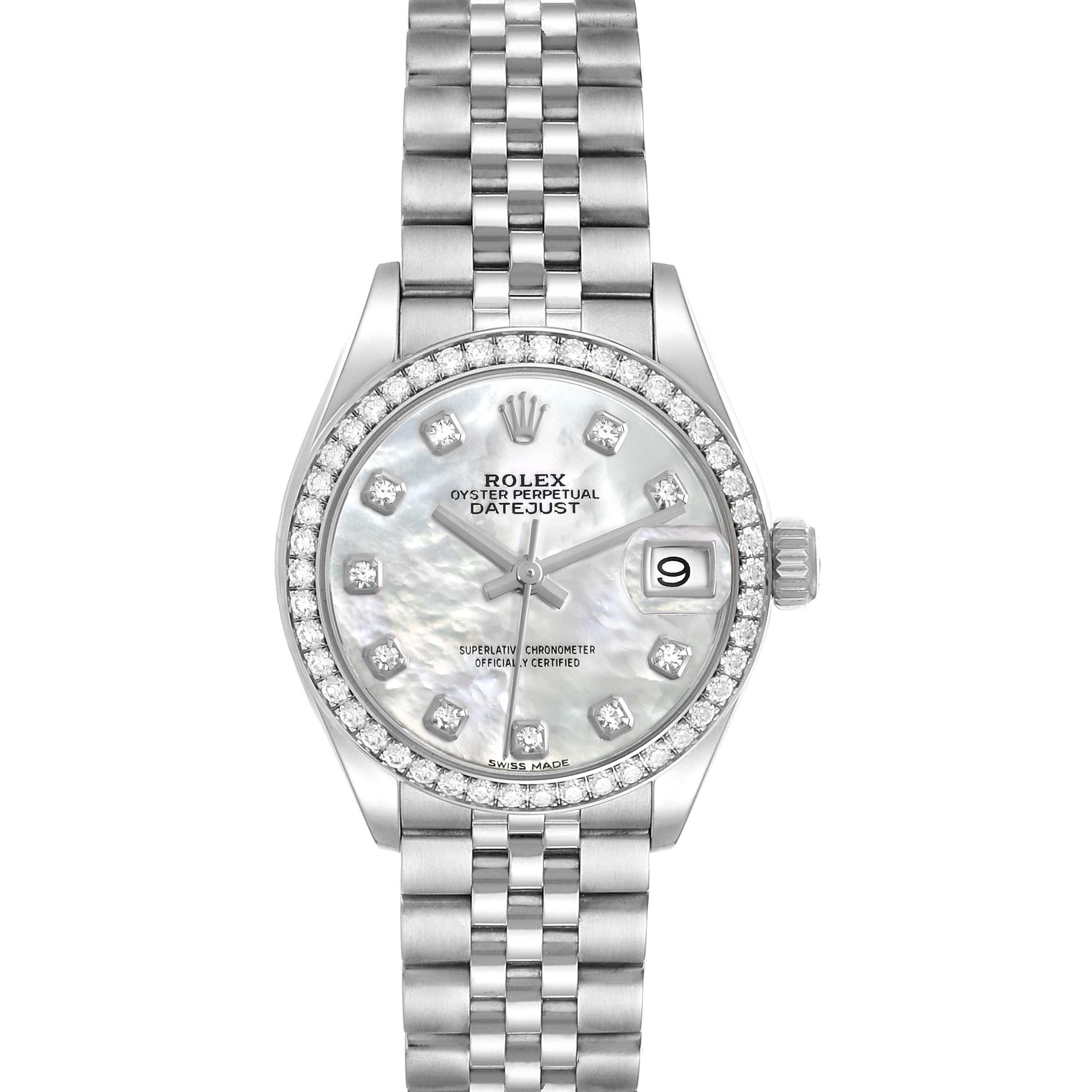 The Rolex Datejust 279384 Women's Stainless Steel Mother of Pearl Dial 279384 Women's Stainless Steel Mother of Pearl Dial watch is shown from a top view, highlighting its face, bezel, and bracelet.