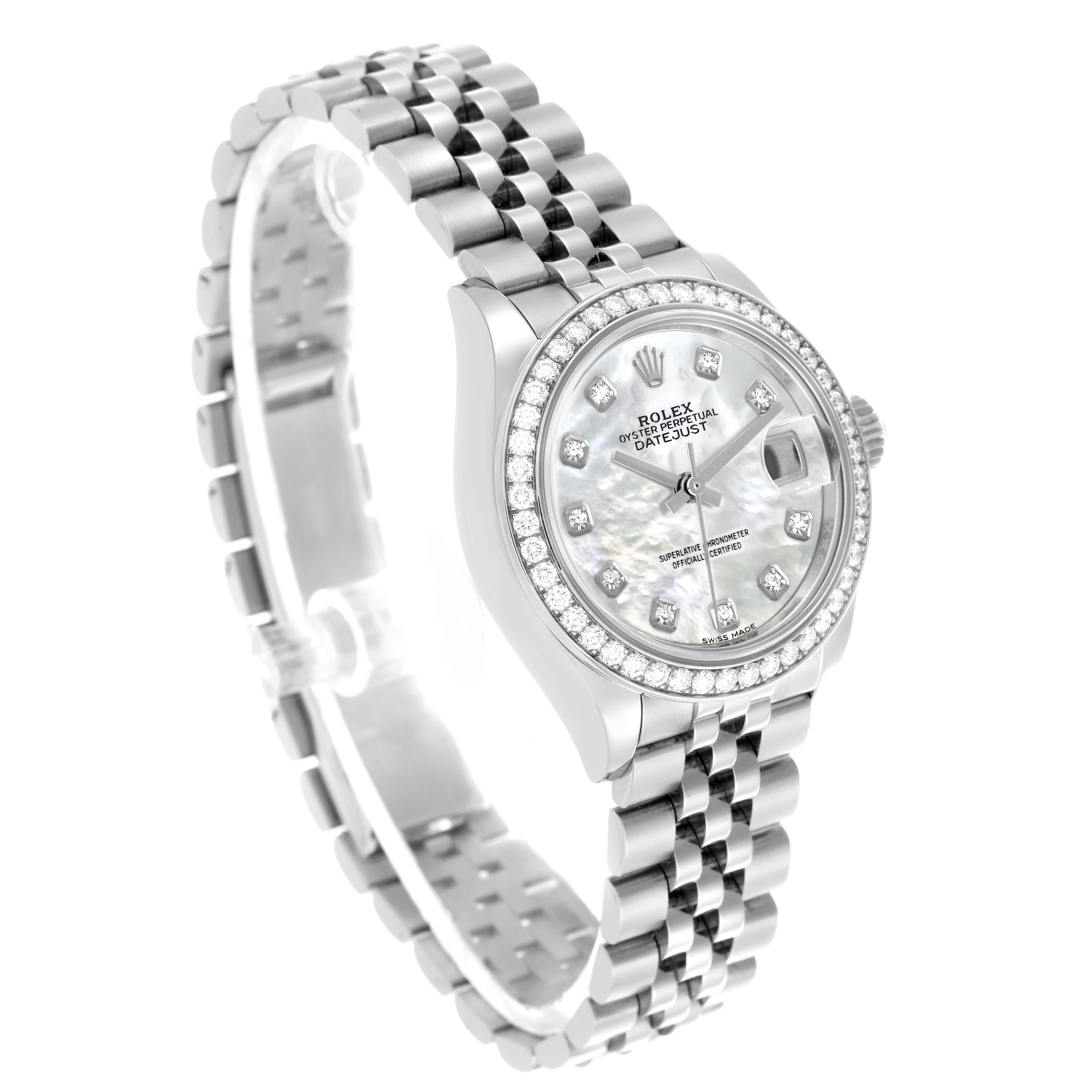 The Rolex Datejust 279384 Women's Stainless Steel Mother of Pearl Dial 279384 Women's Stainless Steel Mother of Pearl Dial is shown at an angled view highlighting its face, bezel, and jubilee bracelet.