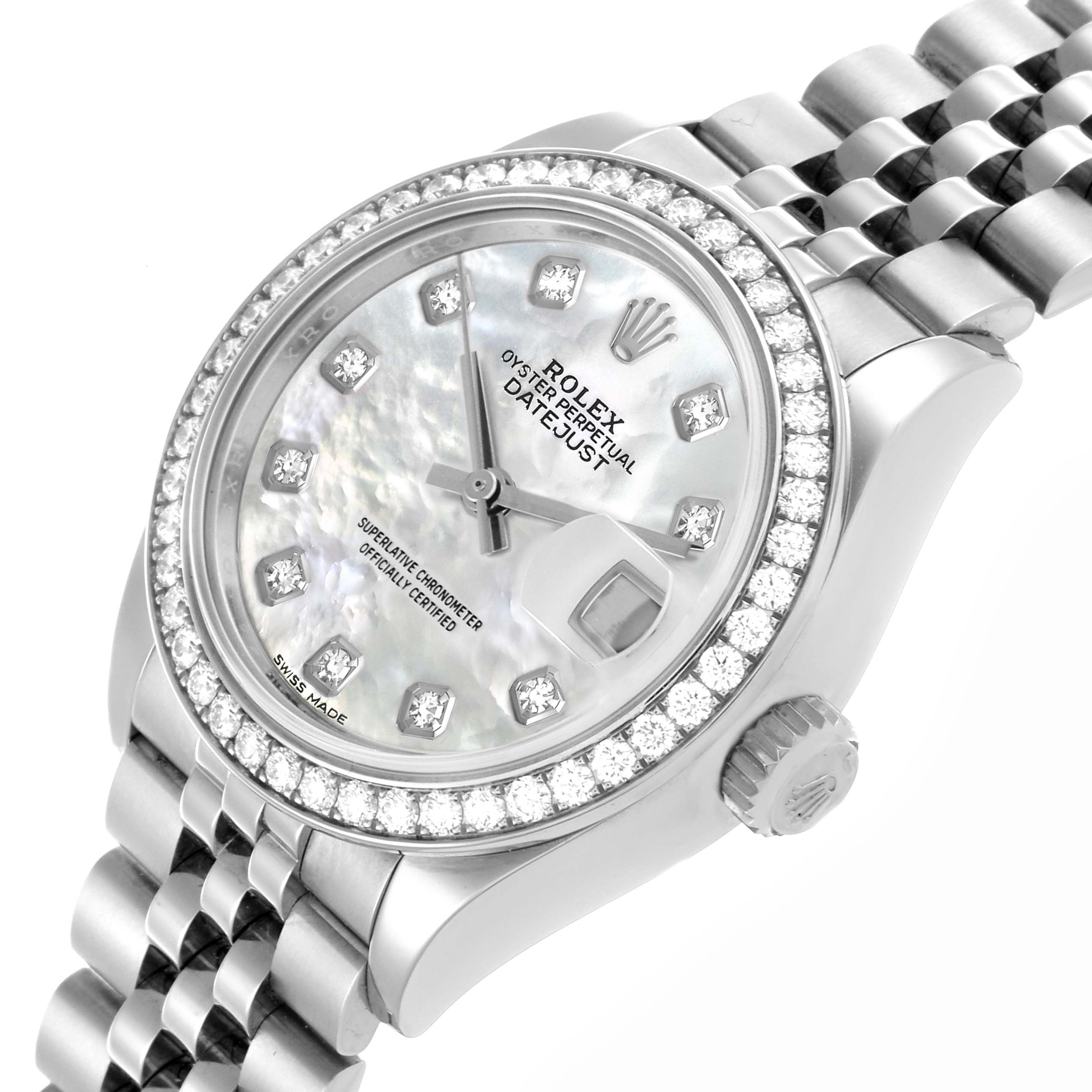 The Rolex Datejust 279384 Women's Stainless Steel Mother of Pearl Dial 279384 Women's Stainless Steel Mother of Pearl Dial is shown from an angled view, displaying the watch face, diamond bezel, dial, and part of the bracelet.