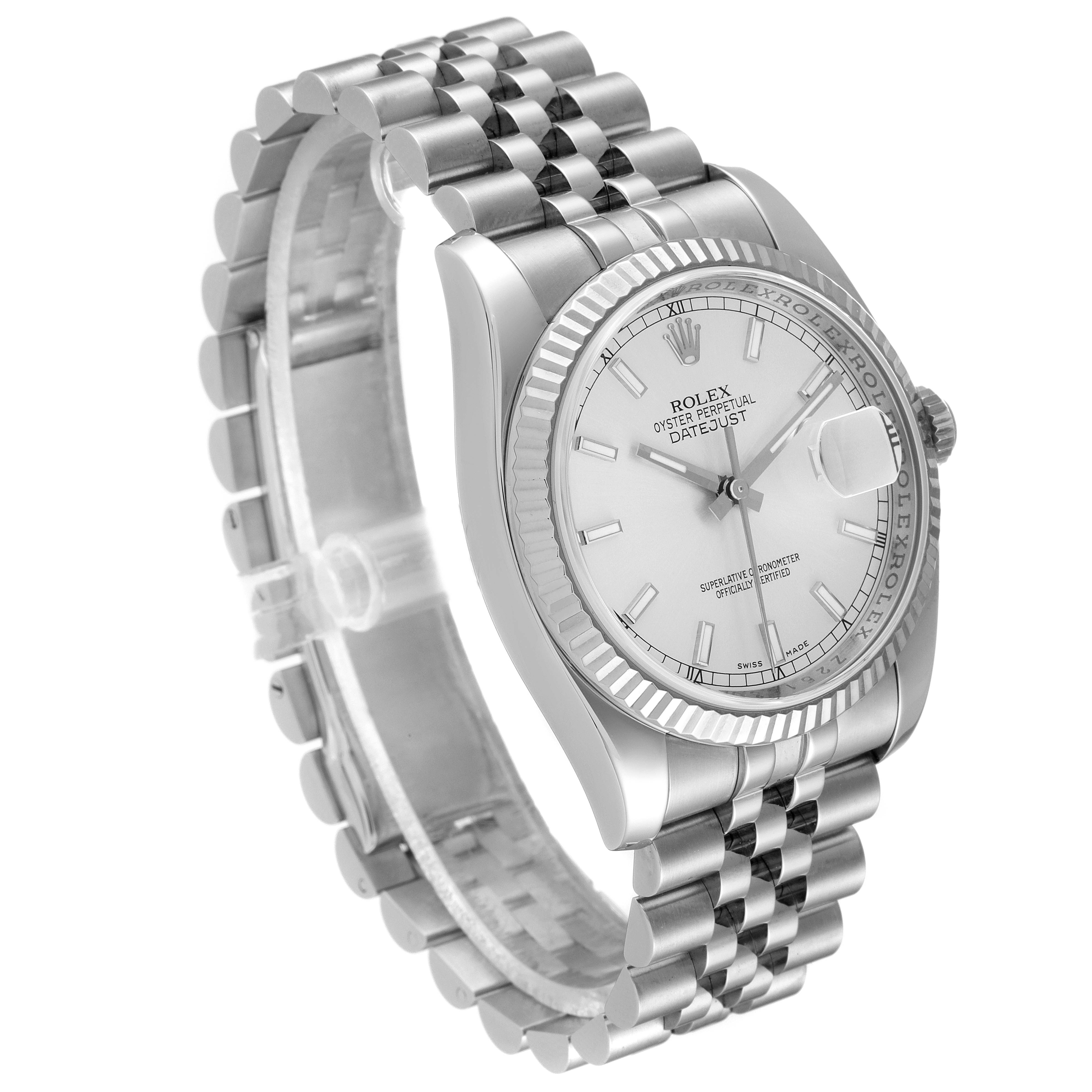 The image shows a Rolex Datejust 116234 Men's Stainless Steel Silver Dial 116234 Men's Stainless Steel Silver Dial watch at a three-quarter angle, highlighting the face, fluted bezel, and Jubilee bracelet.