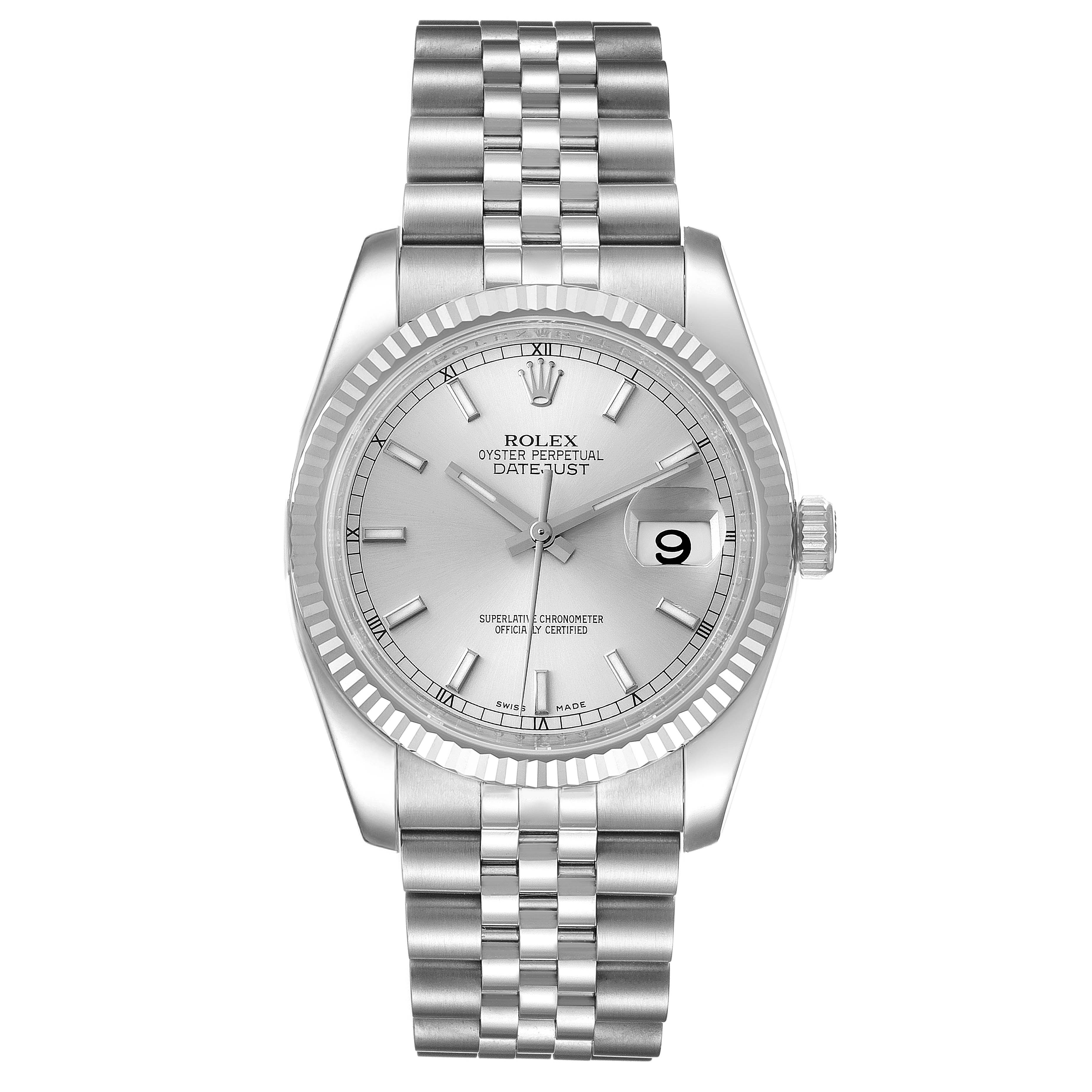 The image shows a front view of a Rolex Datejust 116234 Men's Stainless Steel Silver Dial 116234 Men's Stainless Steel Silver Dial watch, showcasing its face, bracelet, and fluted bezel.