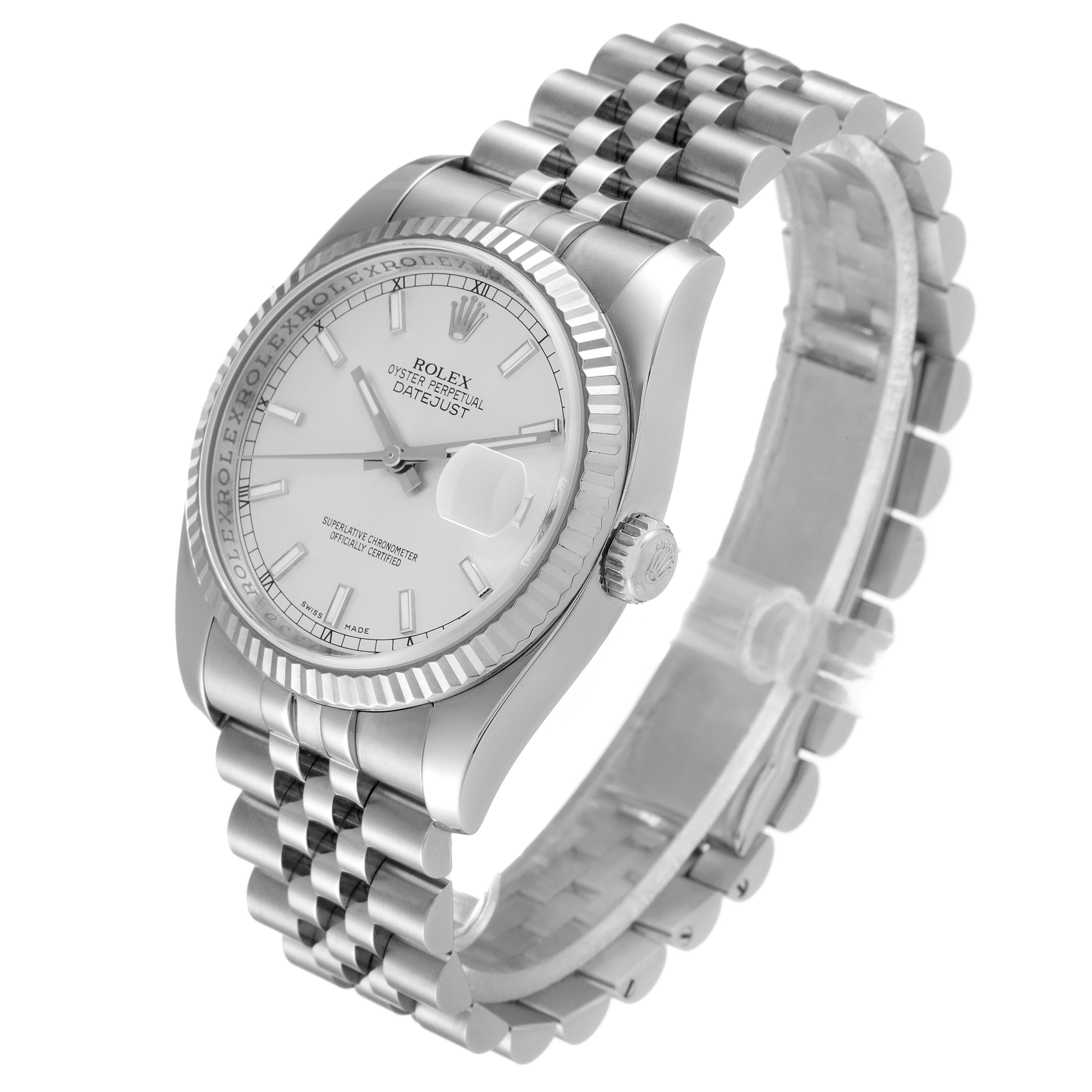 This image showcases the Rolex Datejust 116234 Men's Stainless Steel Silver Dial 116234 Men's Stainless Steel Silver Dial watch at an angle highlighting its face, bezel, and bracelet.