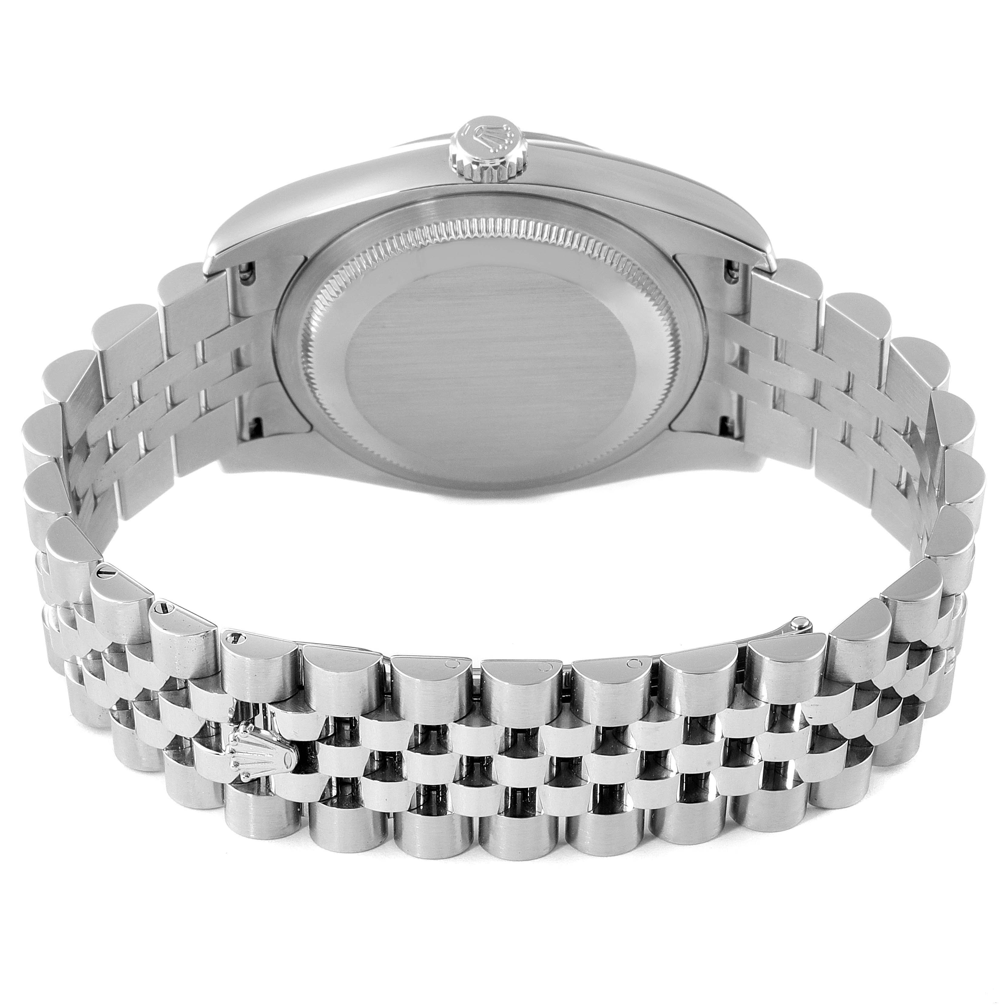 The image shows the back view of a Rolex Datejust 116234 Men's Stainless Steel Silver Dial 116234 Men's Stainless Steel Silver Dial watch, highlighting its case back and bracelet.