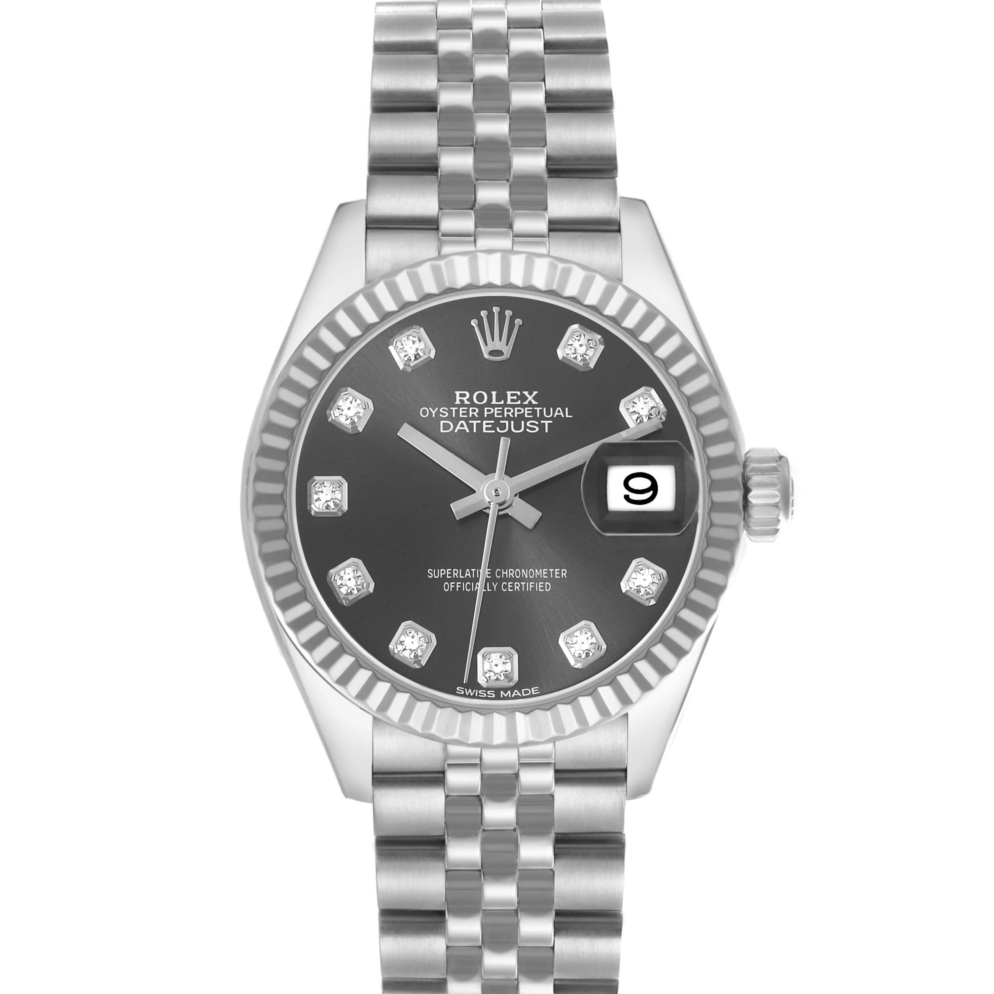 The Rolex Datejust 279174 Women's Stainless Steel Grey Dial watch is shown from a front view, displaying the dial, bezel, date window, and bracelet.