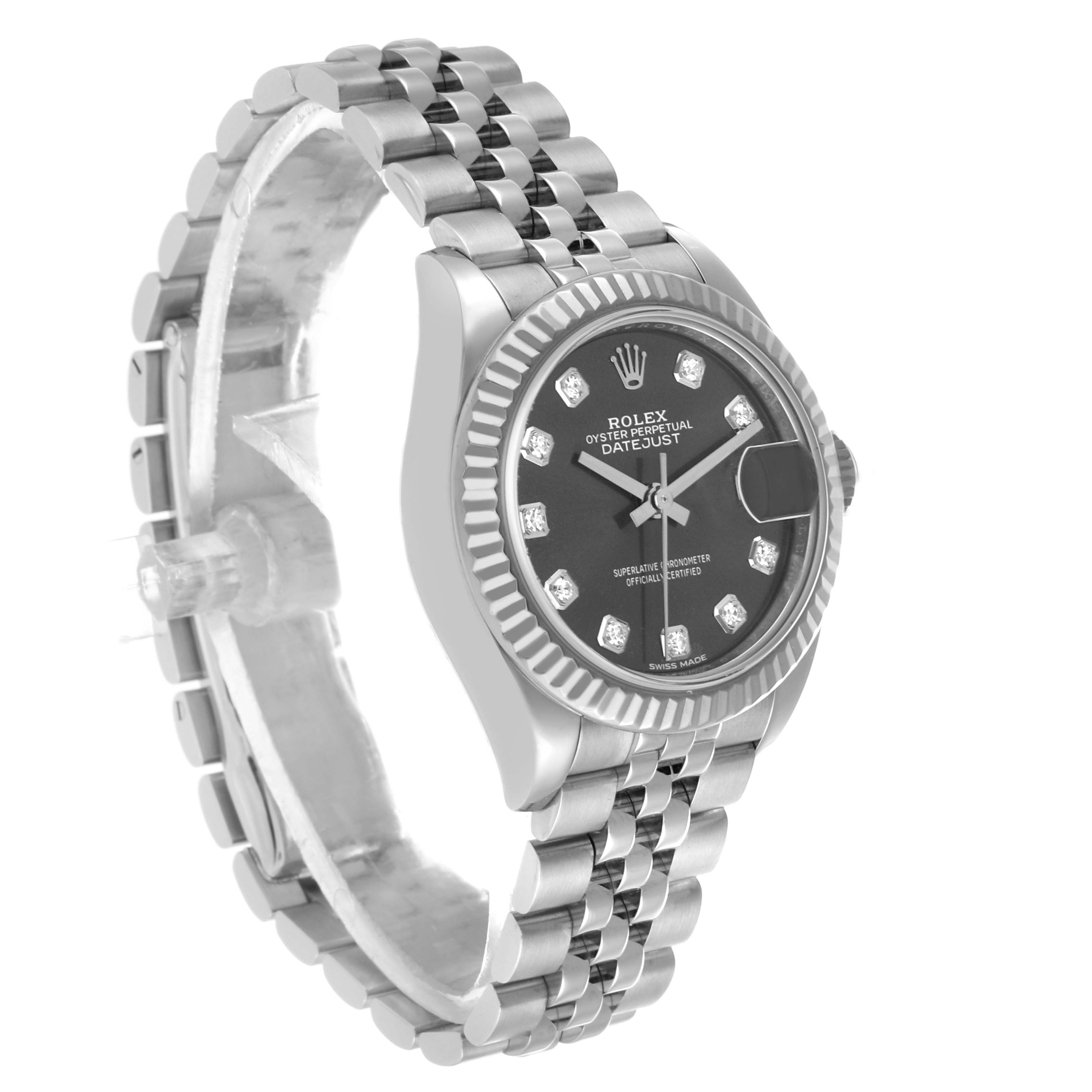 The Rolex Datejust 279174 Women's Stainless Steel Grey Dial watch is shown at a three-quarter angle, displaying the face, bezel, bracelet, and side profile.