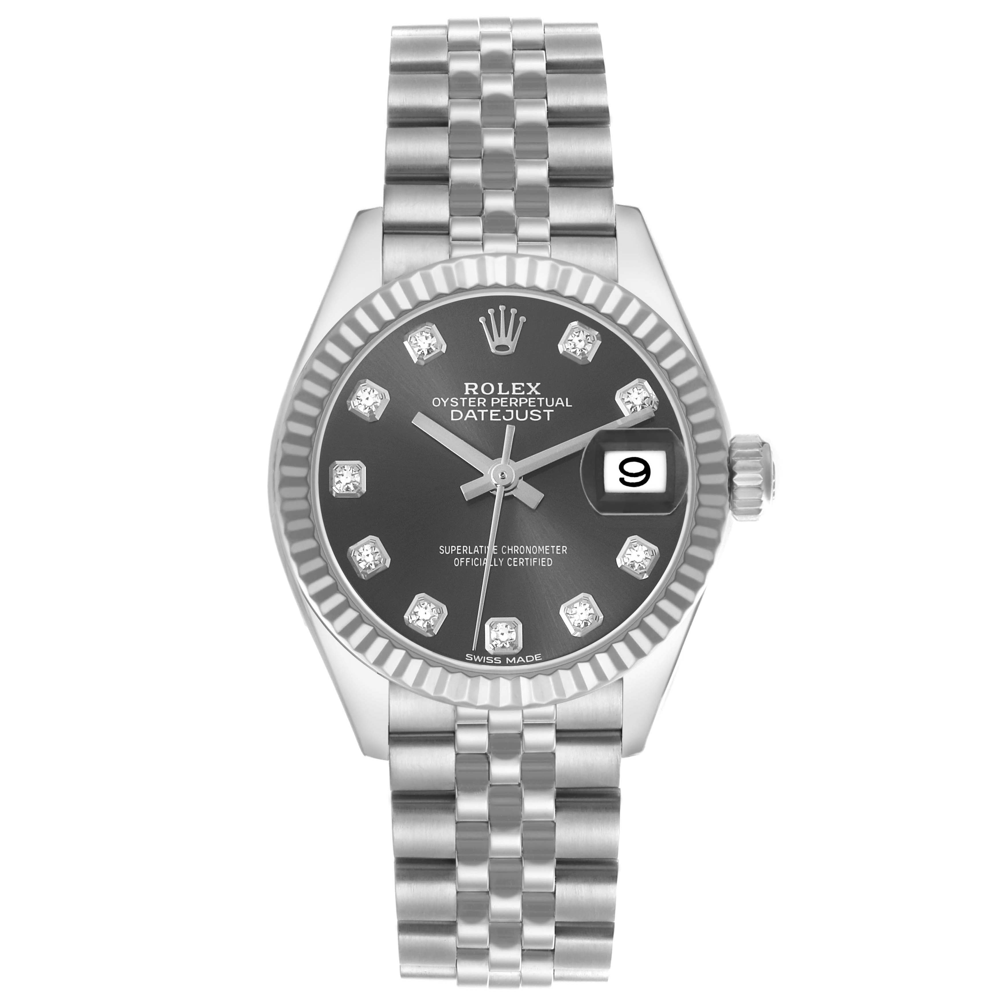 The Rolex Datejust 279174 Women's Stainless Steel Grey Dial watch is shown from a top view, displaying its dial, bezel, crown, and bracelet.