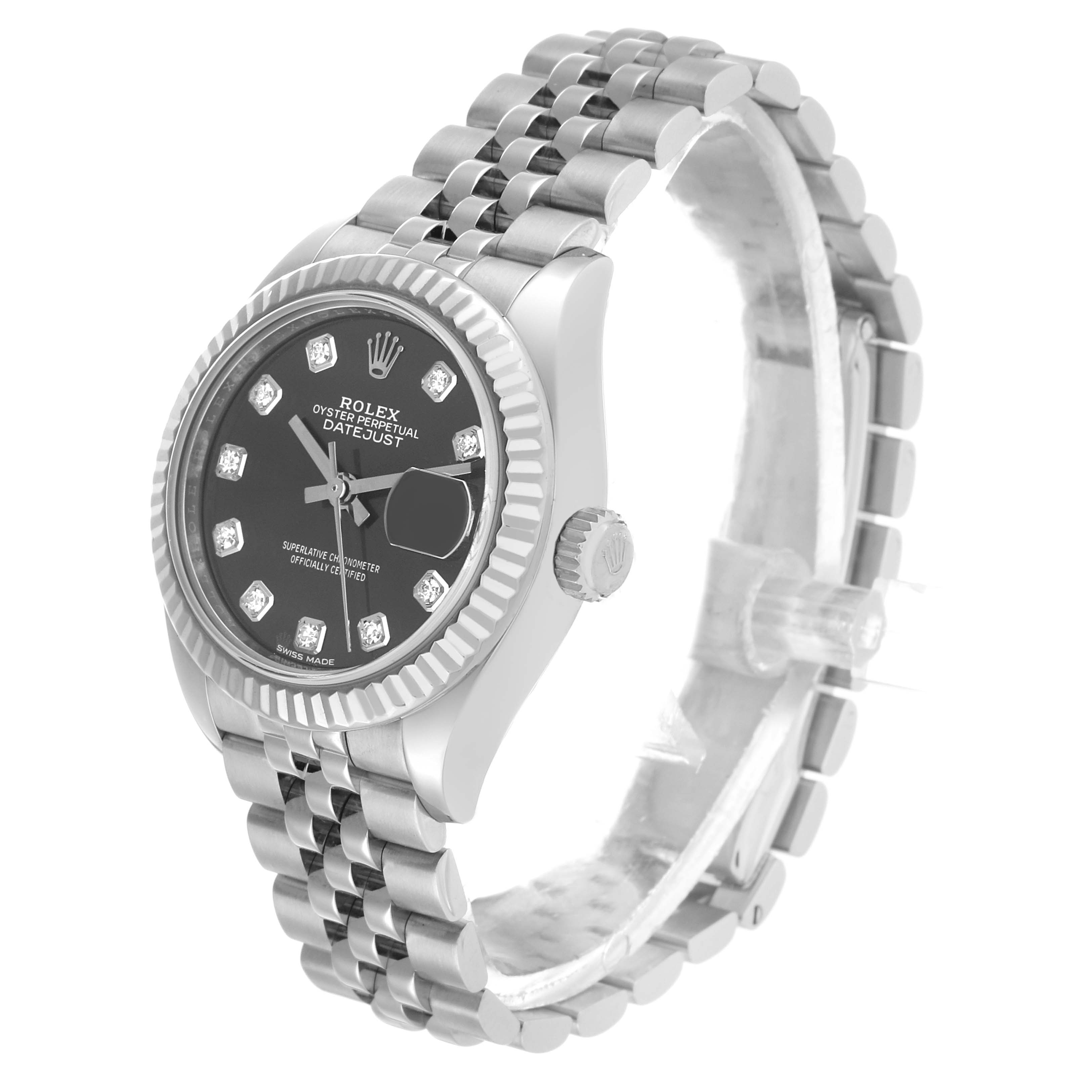 The Rolex Datejust 279174 Women's Stainless Steel Grey Dial watch is shown at a three-quarter angle, displaying the face, bezel, crown, and bracelet.