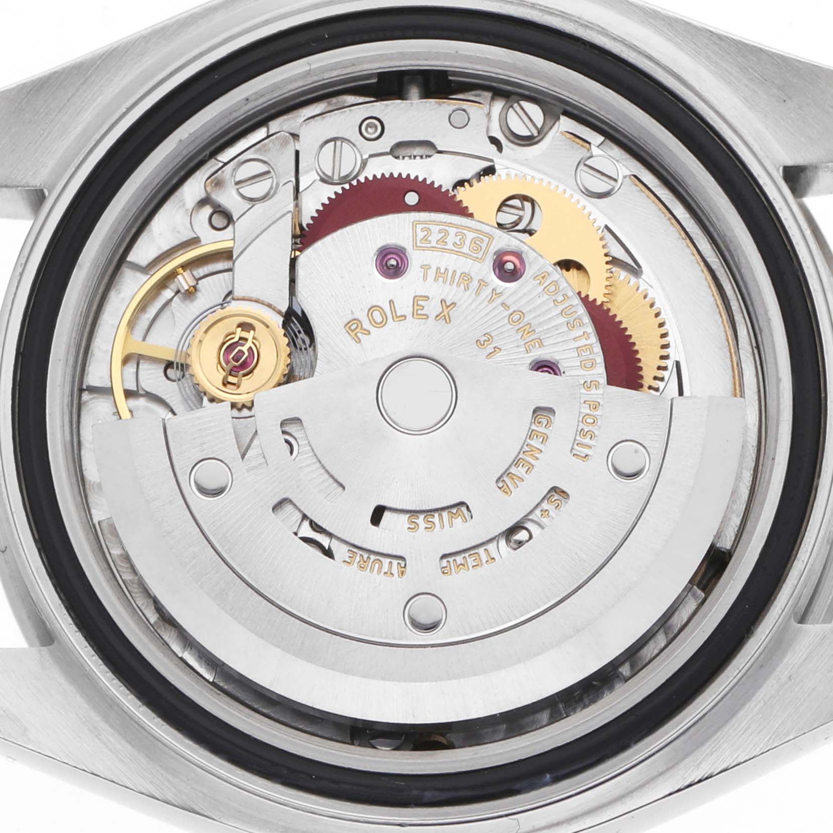 The image shows the inner mechanical movement of a Rolex Datejust 279174 Women's Stainless Steel Grey Dial watch from a top-down angle.