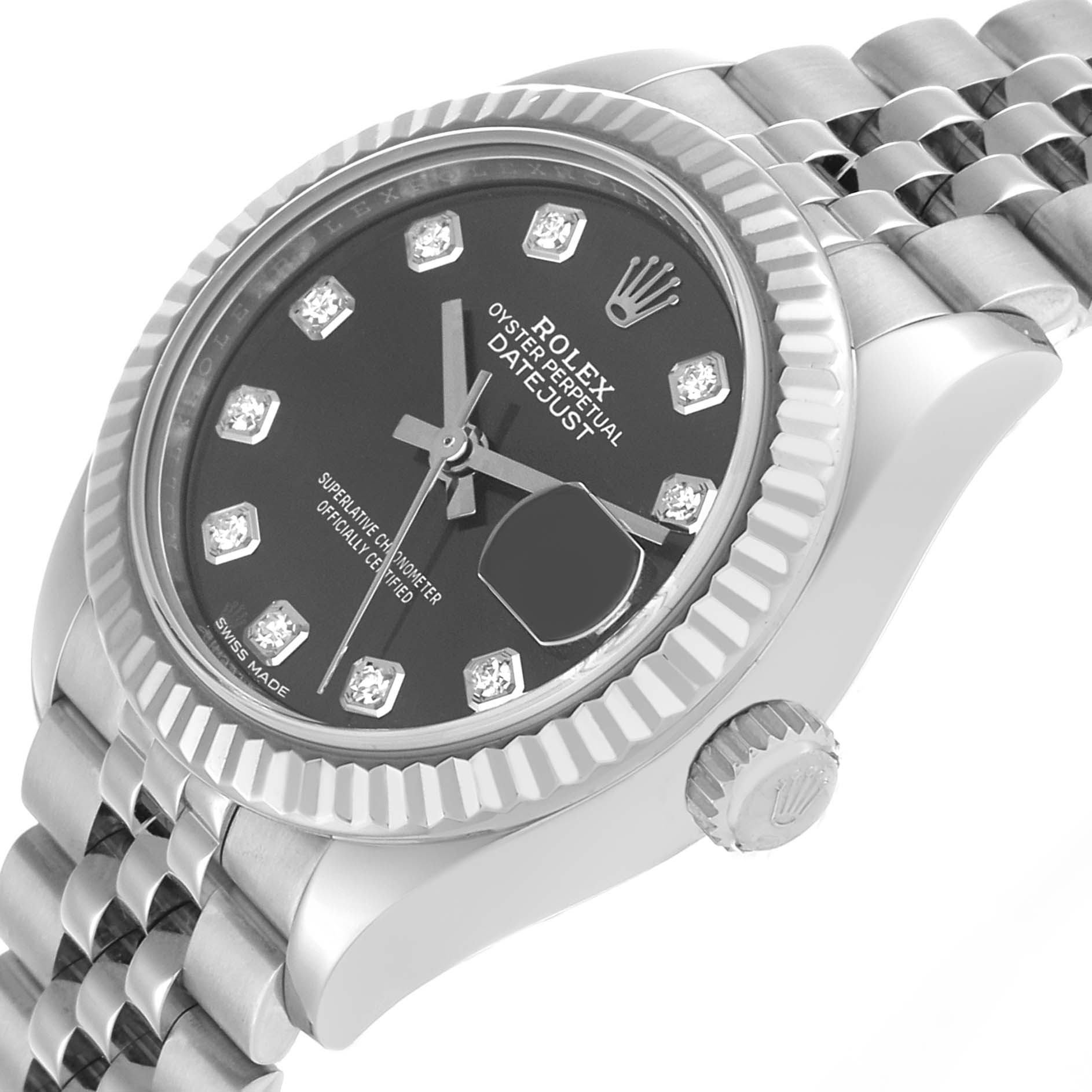The Rolex Datejust 279174 Women's Stainless Steel Grey Dial watch is shown at a tilted angle highlighting the face, fluted bezel, and bracelet.