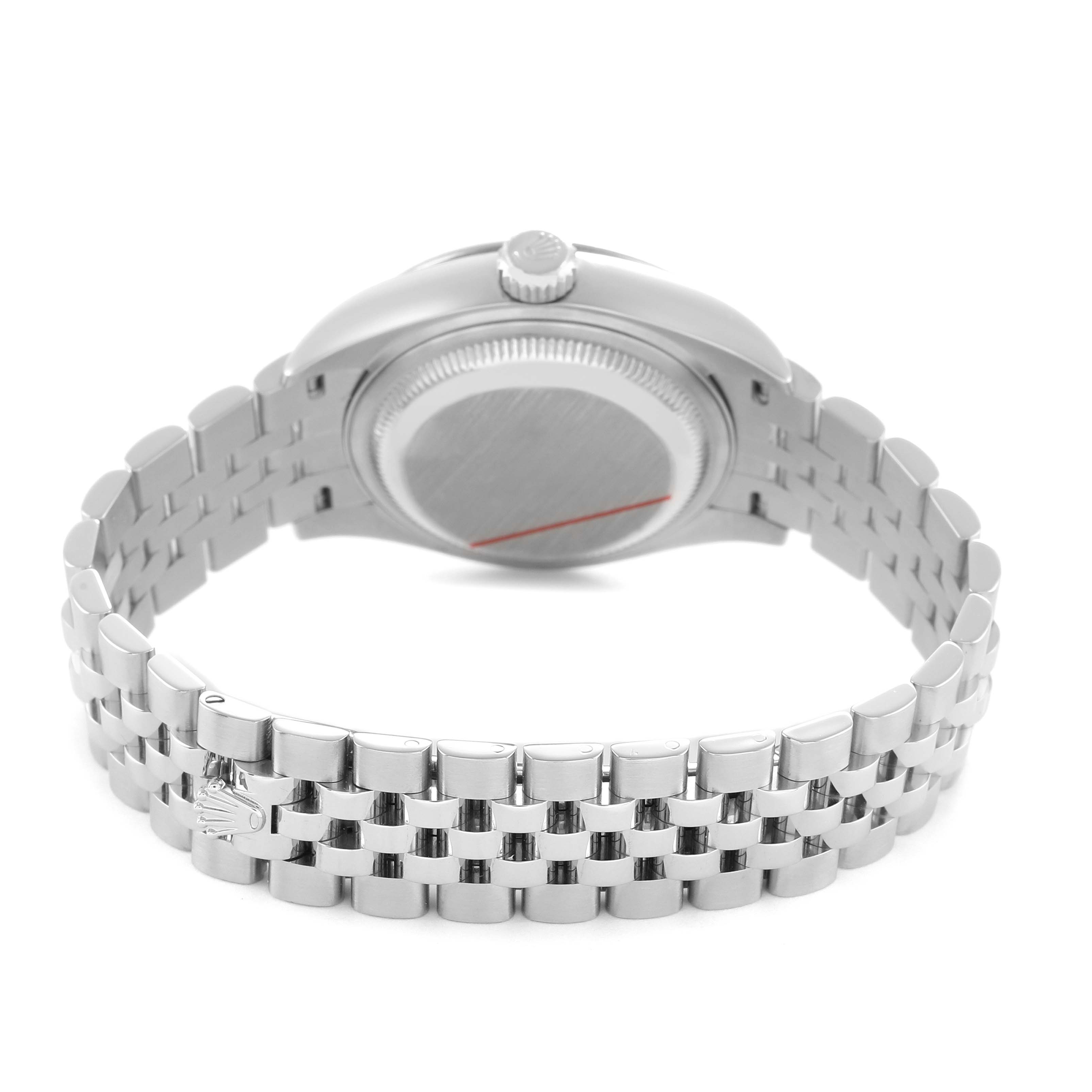 The image shows the back and bracelet of a Rolex Datejust 279174 Women's Stainless Steel Grey Dial watch, highlighting the clasp and caseback.