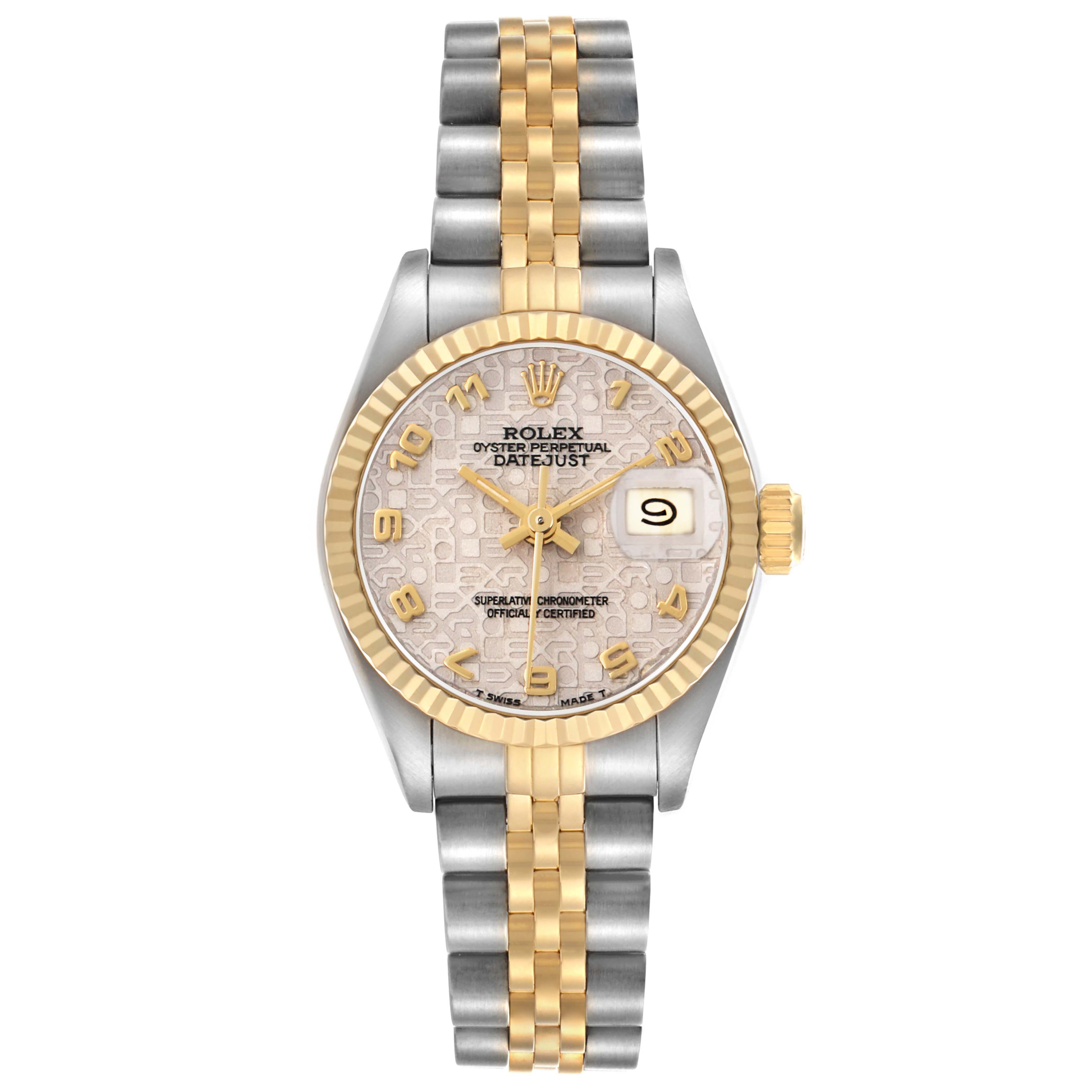 The Rolex Datejust 69173 Women's Steel and Gold (two tone) Silver Dial watch is shown in a front-facing angle highlighting the bezel, dial, bracelet, and crown.