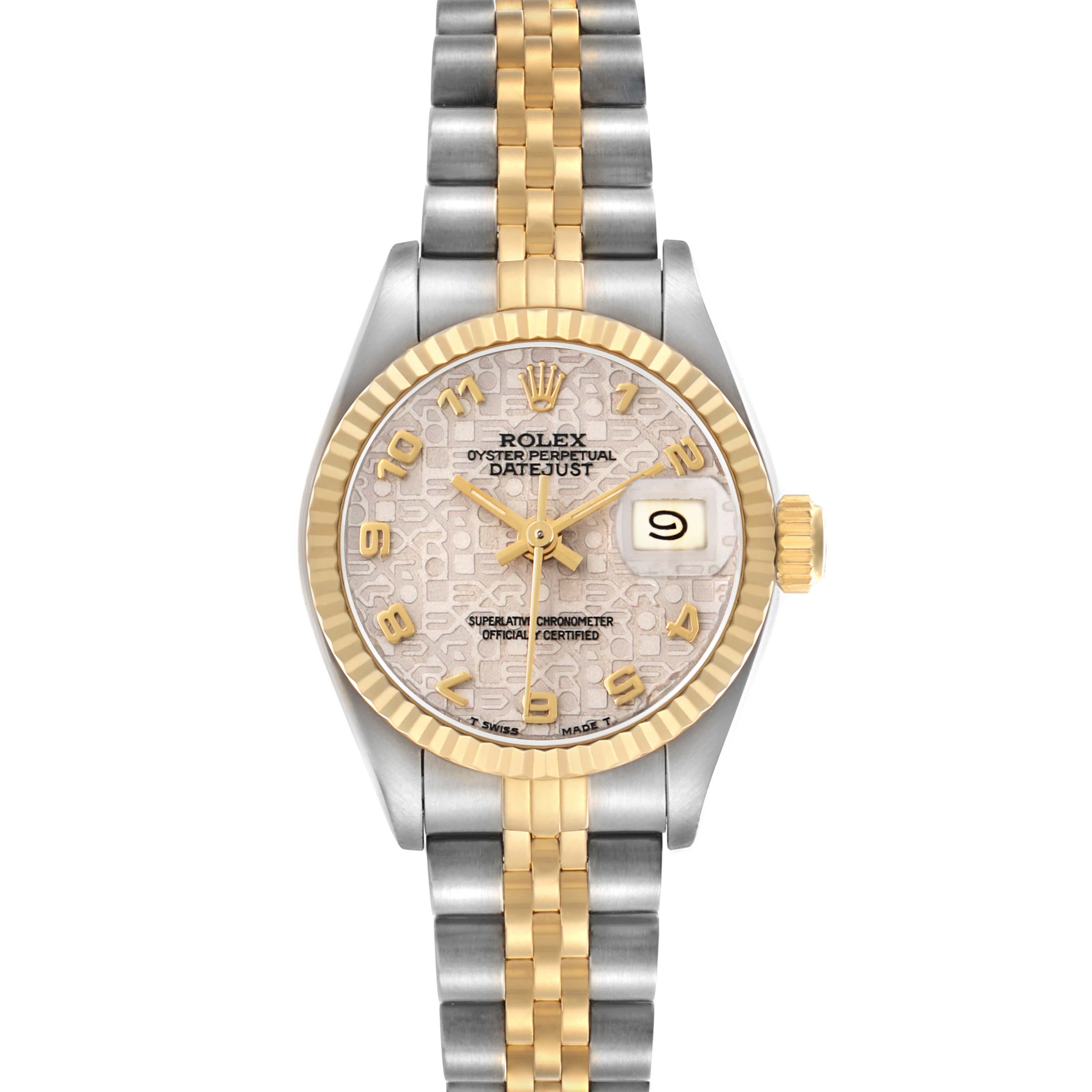 The Rolex Datejust 69173 Women's Steel and Gold (two tone) Silver Dial watch is shown from the front, displaying its dial, bezel, and two-tone bracelet.