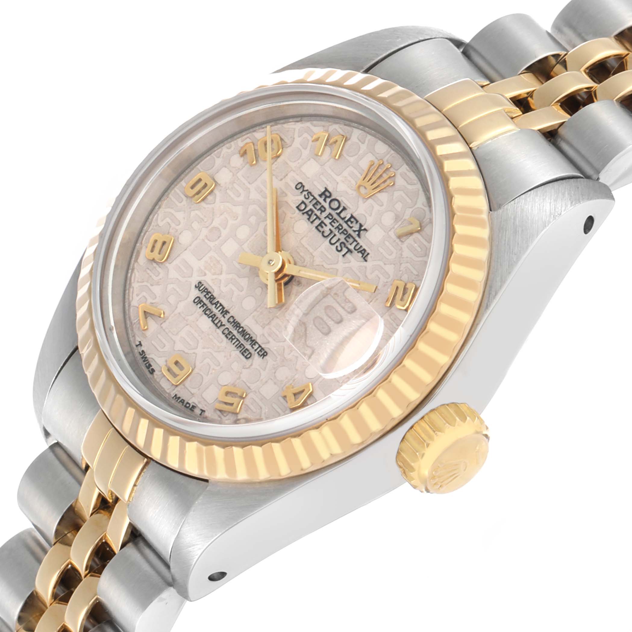 The Rolex Datejust 69173 Women's Steel and Gold (two tone) Silver Dial watch is shown at an angled view, highlighting the dial, bezel, crown, and part of the bracelet.