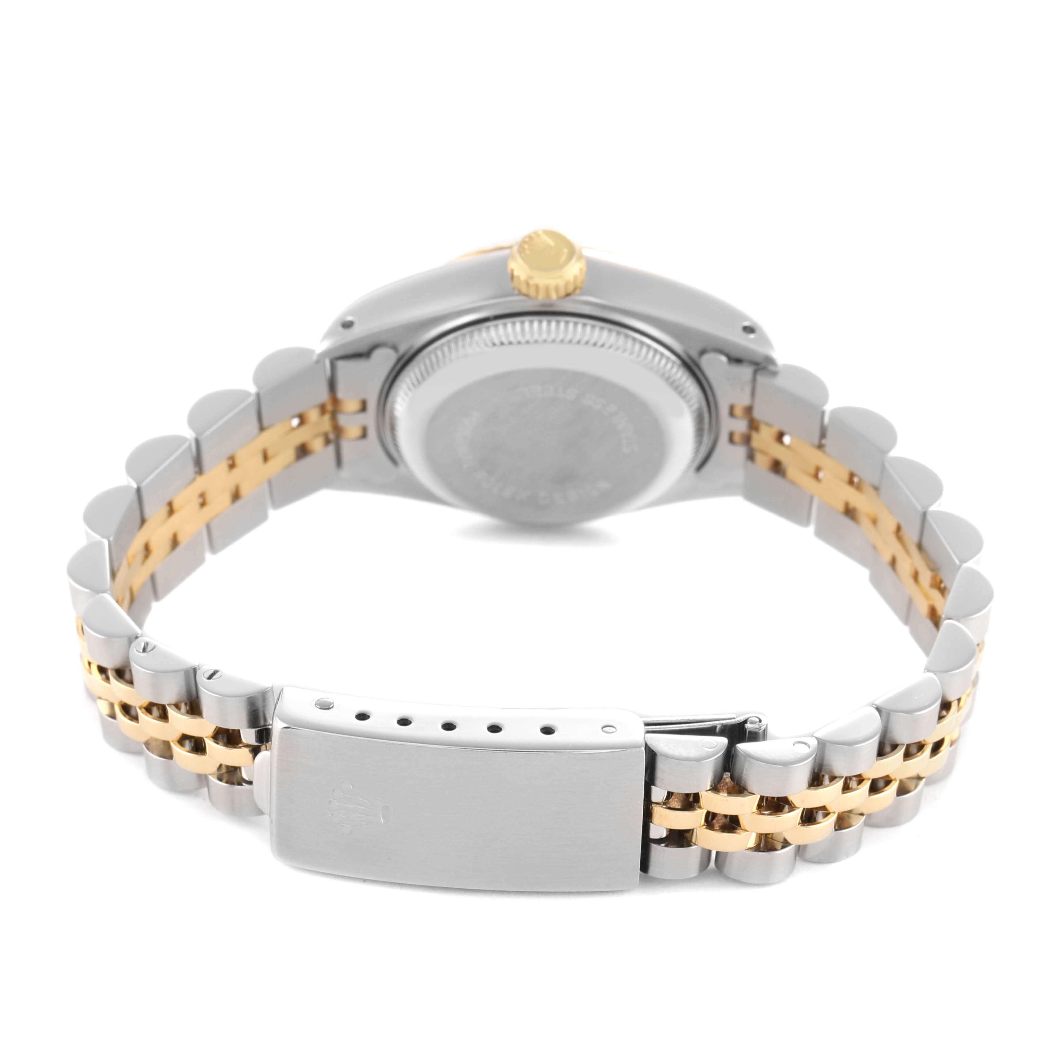 The image shows a Rolex Datejust 69173 Women's Steel and Gold (two tone) Silver Dial watch from the back, highlighting the case, crown, bracelet, and clasp.