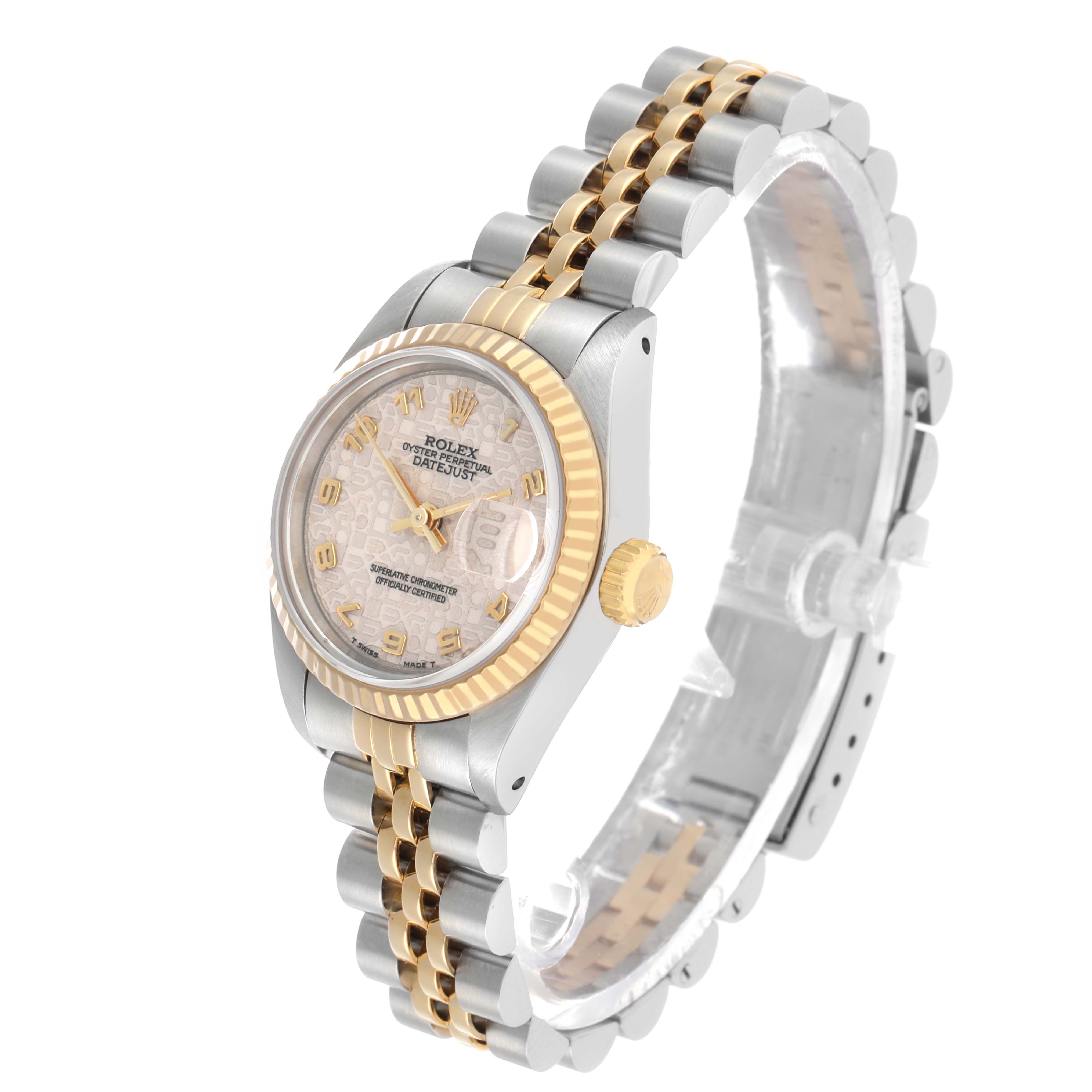 The Rolex Datejust 69173 Women's Steel and Gold (two tone) Silver Dial watch is shown from a front-side angle, displaying the face, bezel, crown, and part of the bracelet.