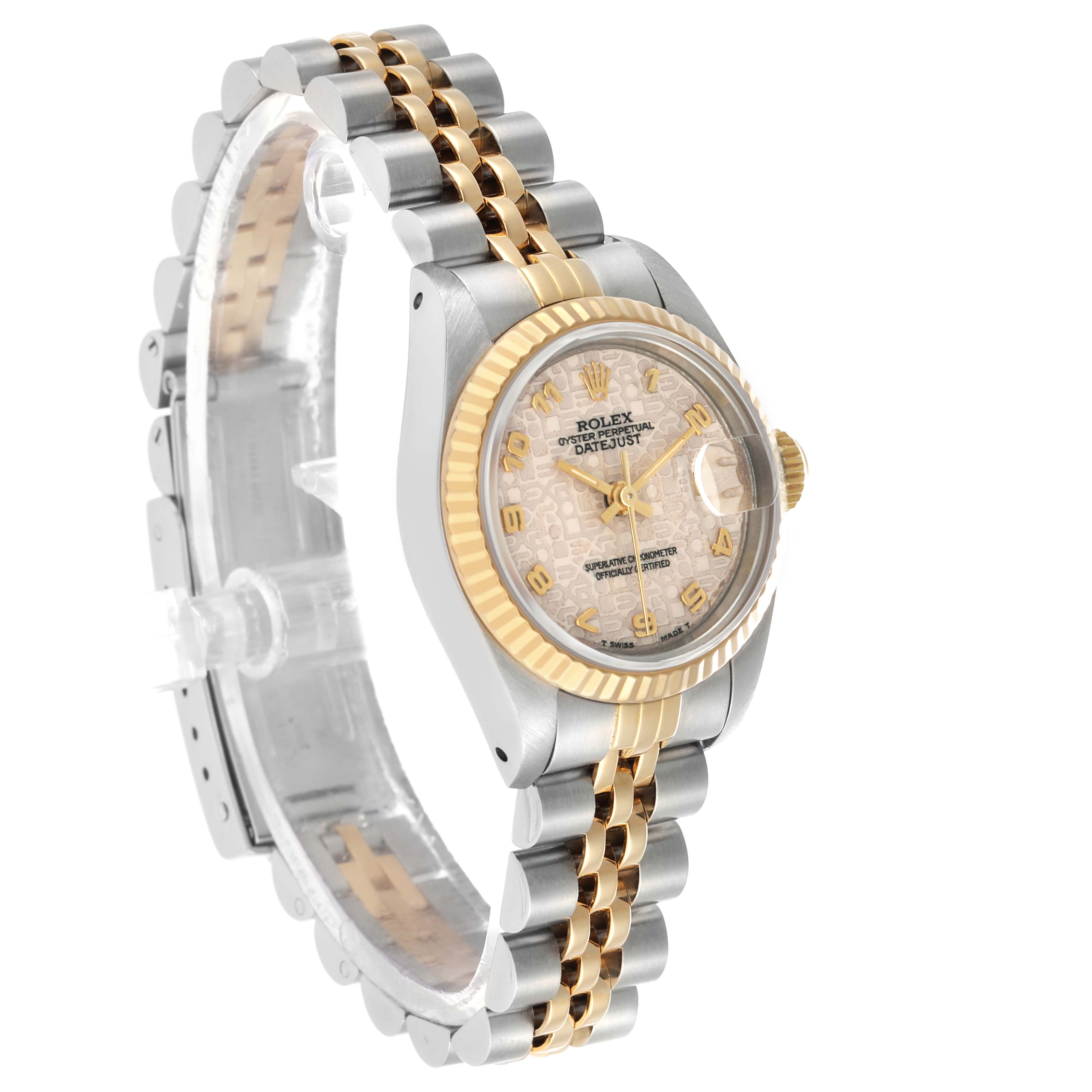 The Rolex Datejust 69173 Women's Steel and Gold (two tone) Silver Dial watch is shown at a 3/4 angle, displaying the dial, gold bezel, and two-tone bracelet clearly.