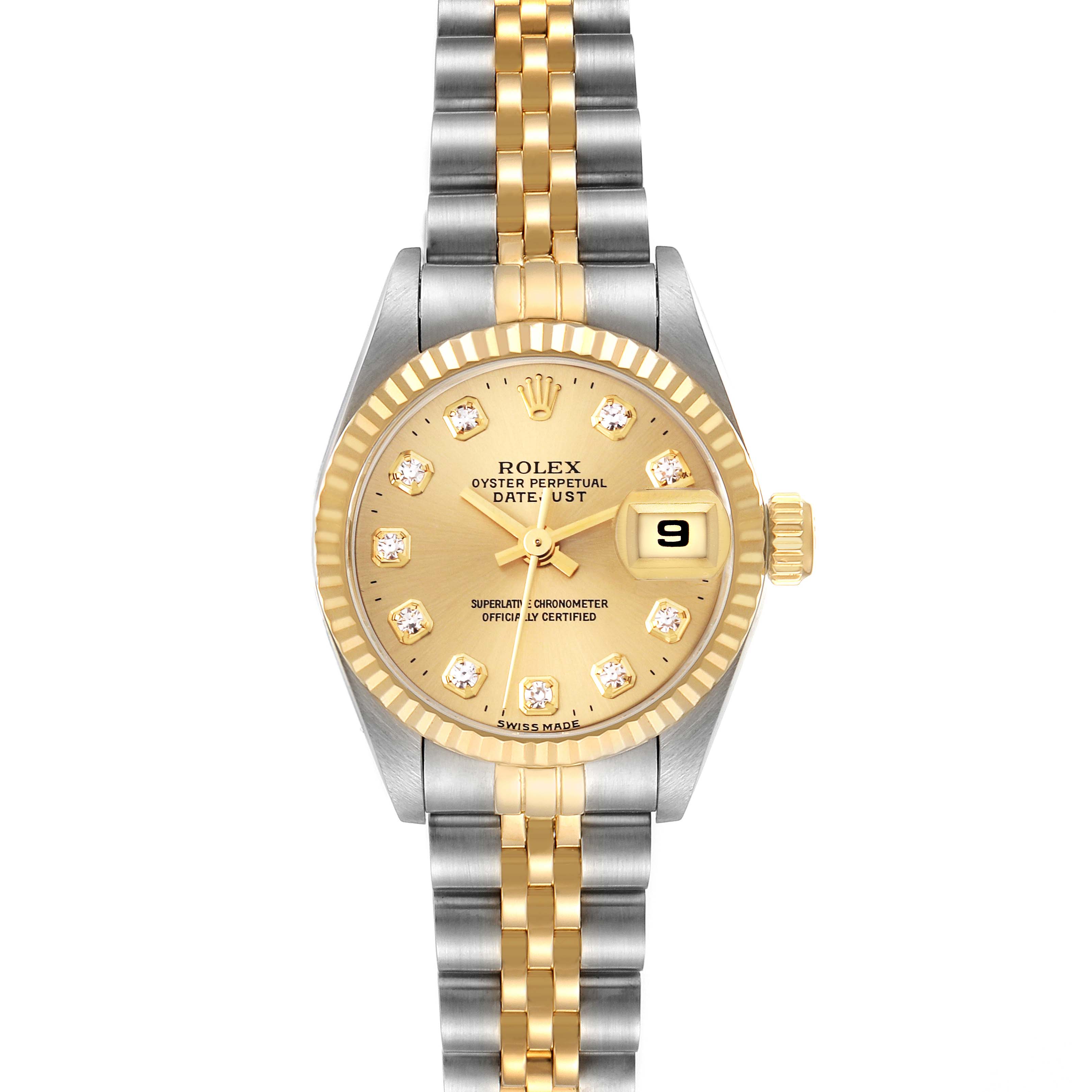 The Rolex Datejust 69173 Women's Steel and Gold (two tone) Champagne Dial 69173 Women's Steel and Gold (two tone) Champagne Dial watch is shown from the front, displaying the dial, bezel, and part of the bracelet.