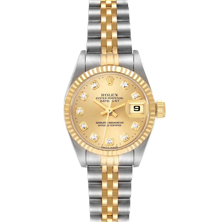 The Rolex Datejust watch is shown from the front, displaying the dial, bezel, and part of the bracelet.