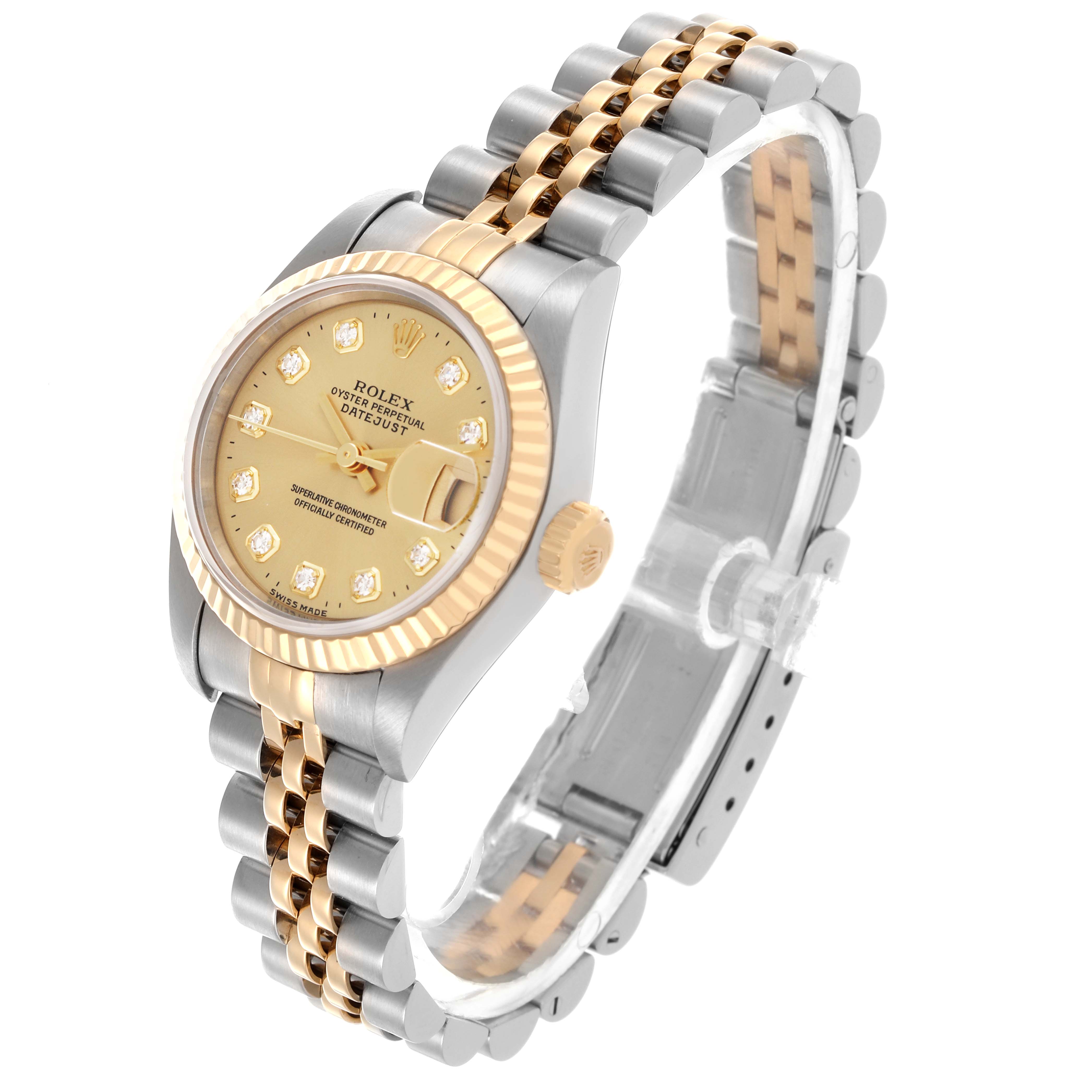 The Rolex Datejust 69173 Women's Steel and Gold (two tone) Champagne Dial 69173 Women's Steel and Gold (two tone) Champagne Dial watch is shown at a slight angle, highlighting its bezel, dial, bracelet, and crown.