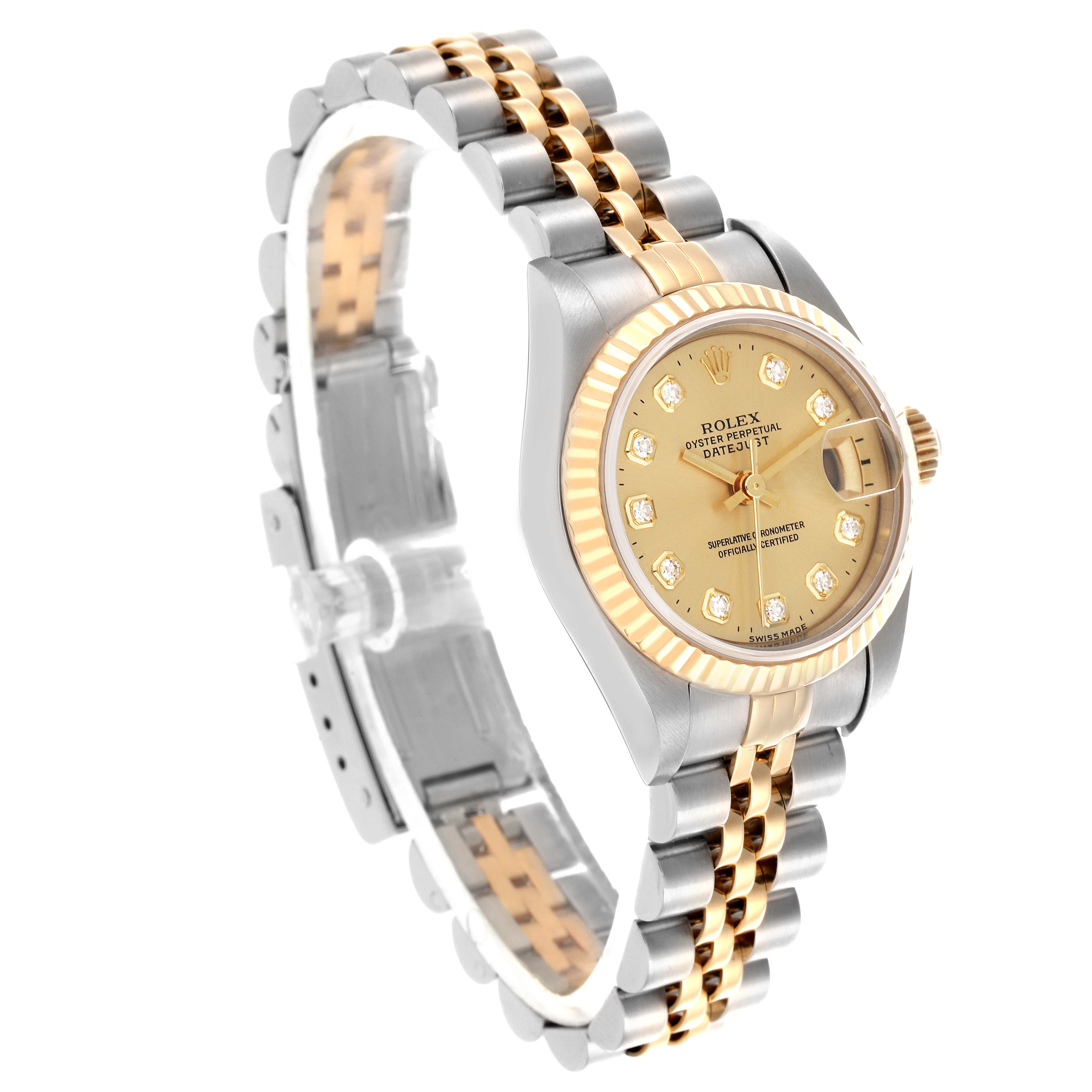 The Rolex Datejust 69173 Women's Steel and Gold (two tone) Champagne Dial 69173 Women's Steel and Gold (two tone) Champagne Dial watch is shown at a side angle, displaying the gold and silver bracelet, fluted bezel, and champagne dial.
