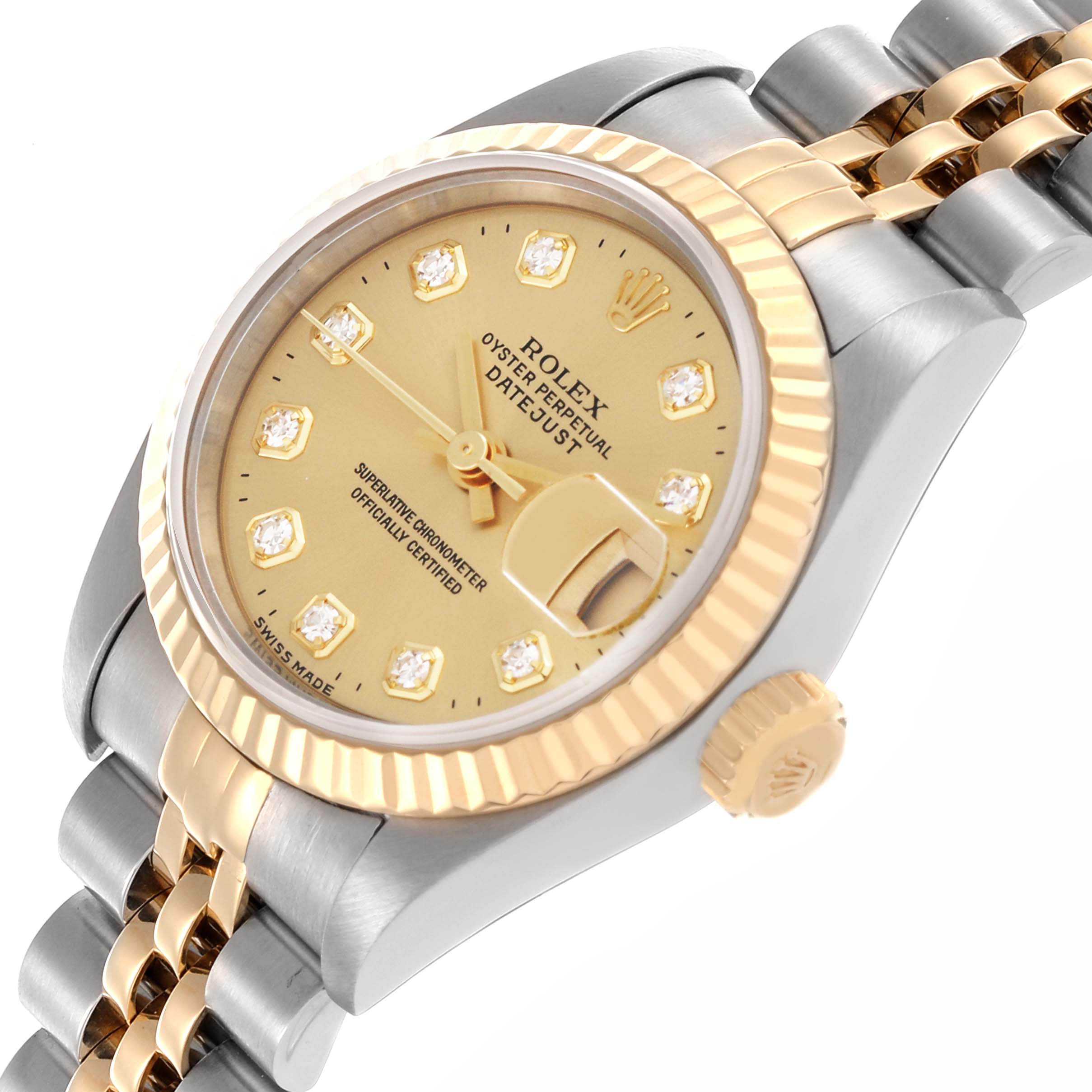 The Rolex Datejust 69173 Women's Steel and Gold (two tone) Champagne Dial 69173 Women's Steel and Gold (two tone) Champagne Dial watch is shown at a slight angle, displaying the dial, bezel, crown, and part of the bracelet.