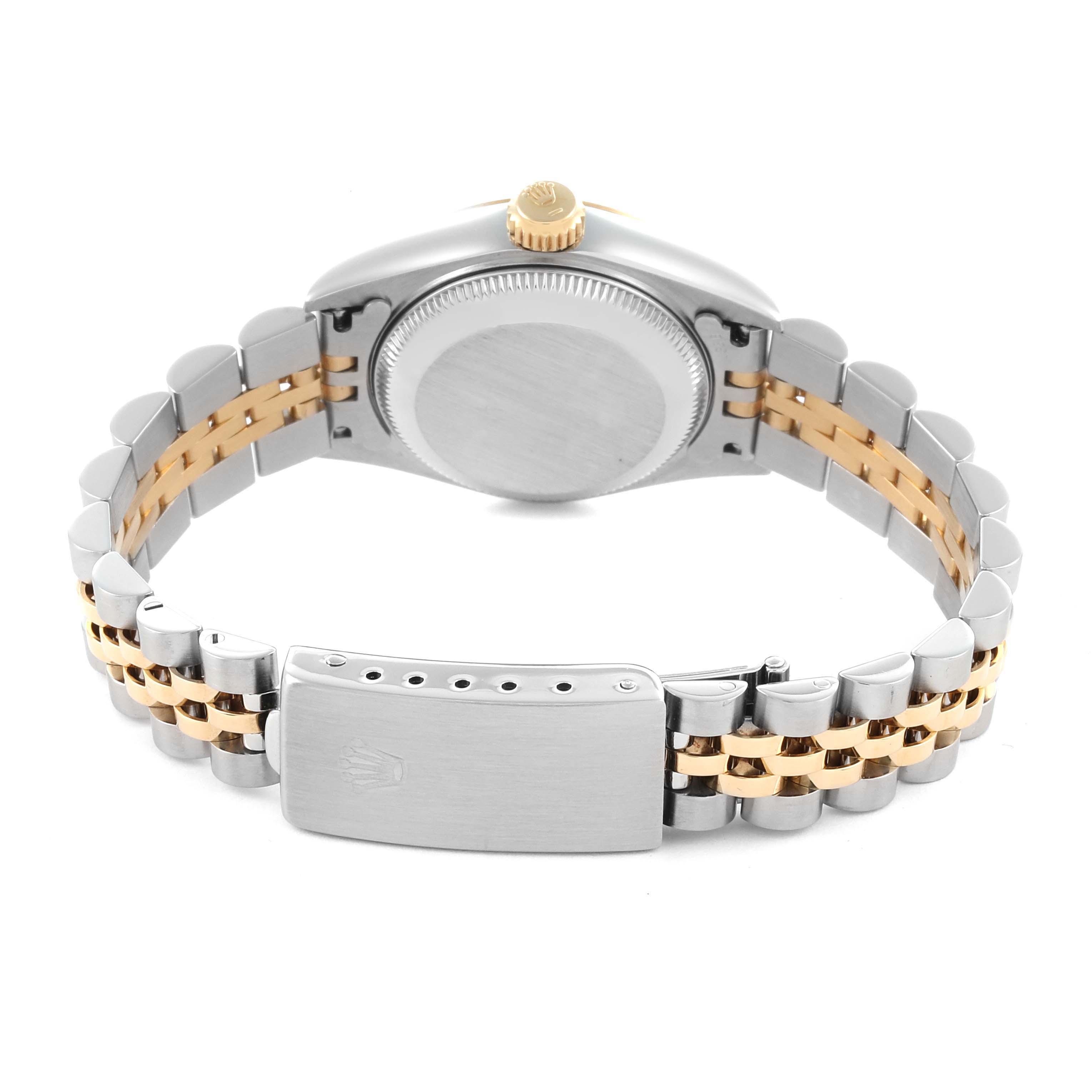 The image shows a Rolex Datejust 69173 Women's Steel and Gold (two tone) Champagne Dial 69173 Women's Steel and Gold (two tone) Champagne Dial watch from the back, highlighting the case, bracelet, and clasp.