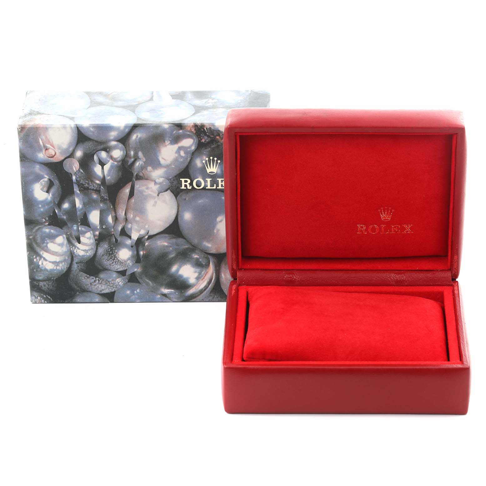 The image shows a Rolex Datejust 69173 Women's Steel and Gold (two tone) Champagne Dial 69173 Women's Steel and Gold (two tone) Champagne Dial watch box and outer packaging, emphasizing the brand's emblem and luxurious red interior.