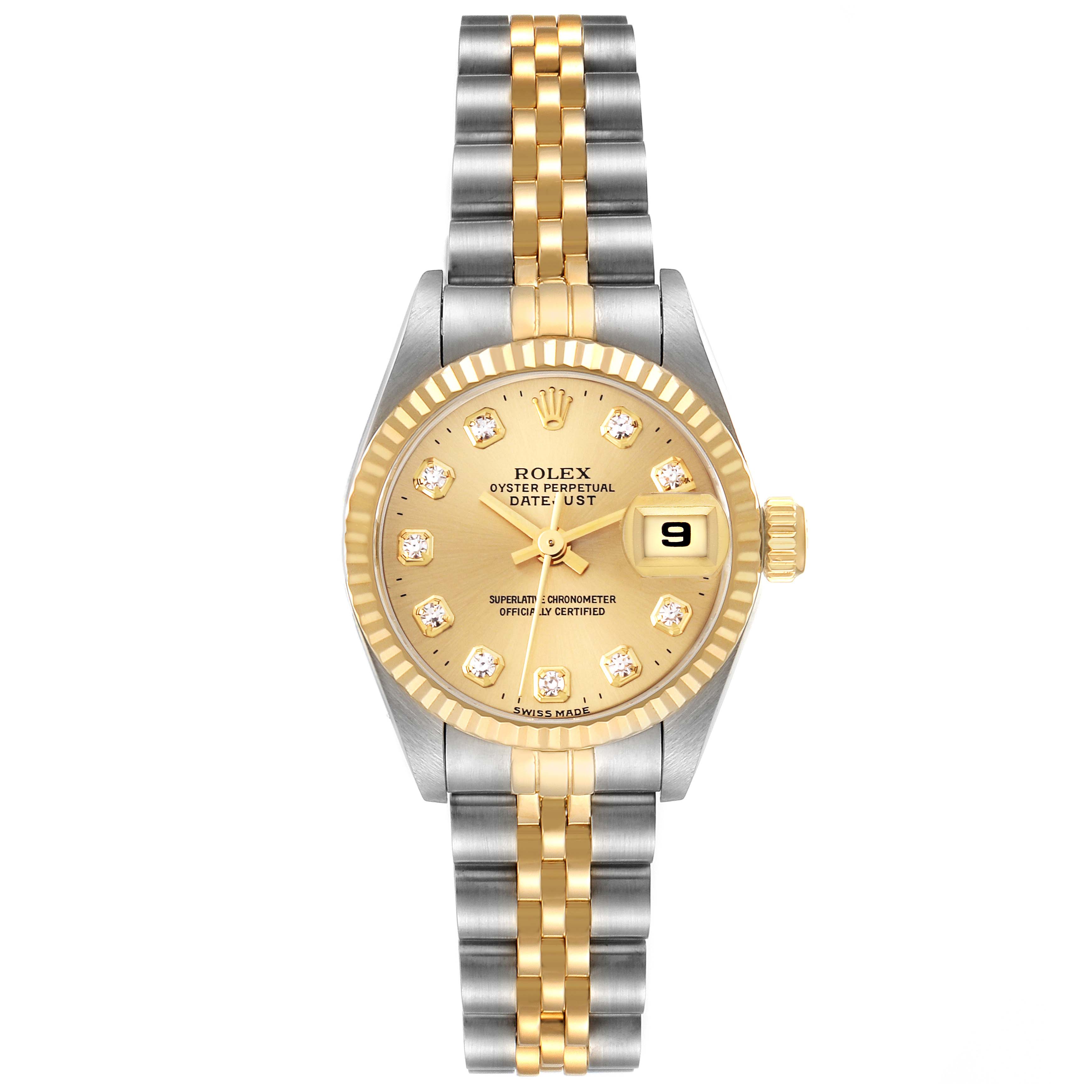 The Rolex Datejust 69173 Women's Steel and Gold (two tone) Champagne Dial 69173 Women's Steel and Gold (two tone) Champagne Dial watch is shown from a top view, highlighting the dial, bezel, bracelet, and crown.