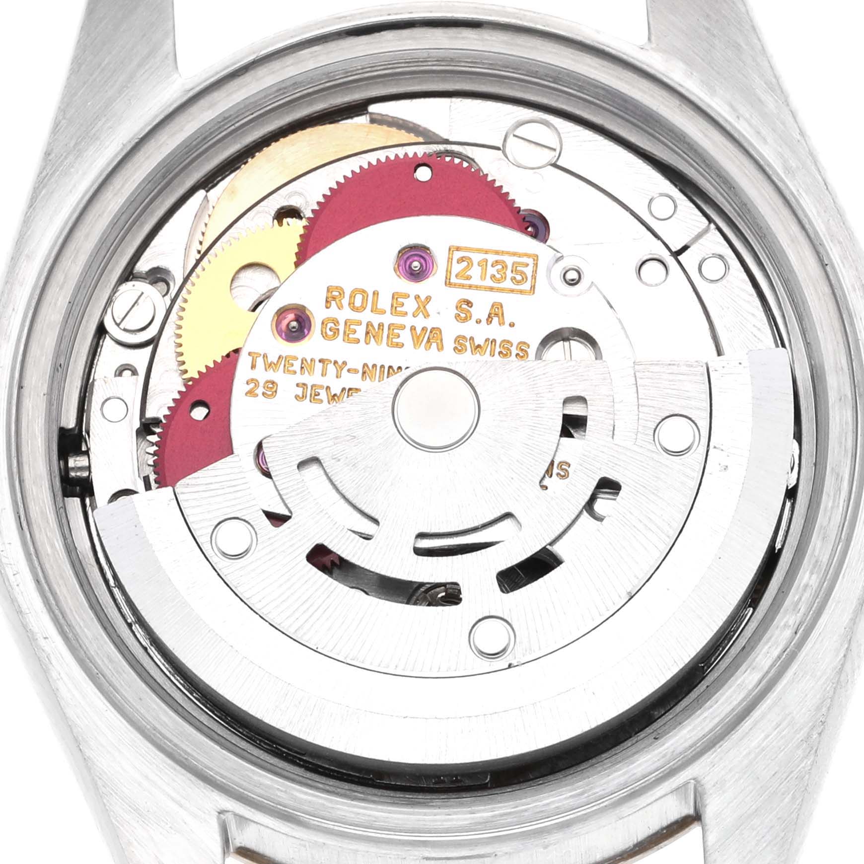 The image shows the back view of a Rolex Datejust 69173 Women's Steel and Gold (two tone) Champagne Dial 69173 Women's Steel and Gold (two tone) Champagne Dial, highlighting its intricate movement components.