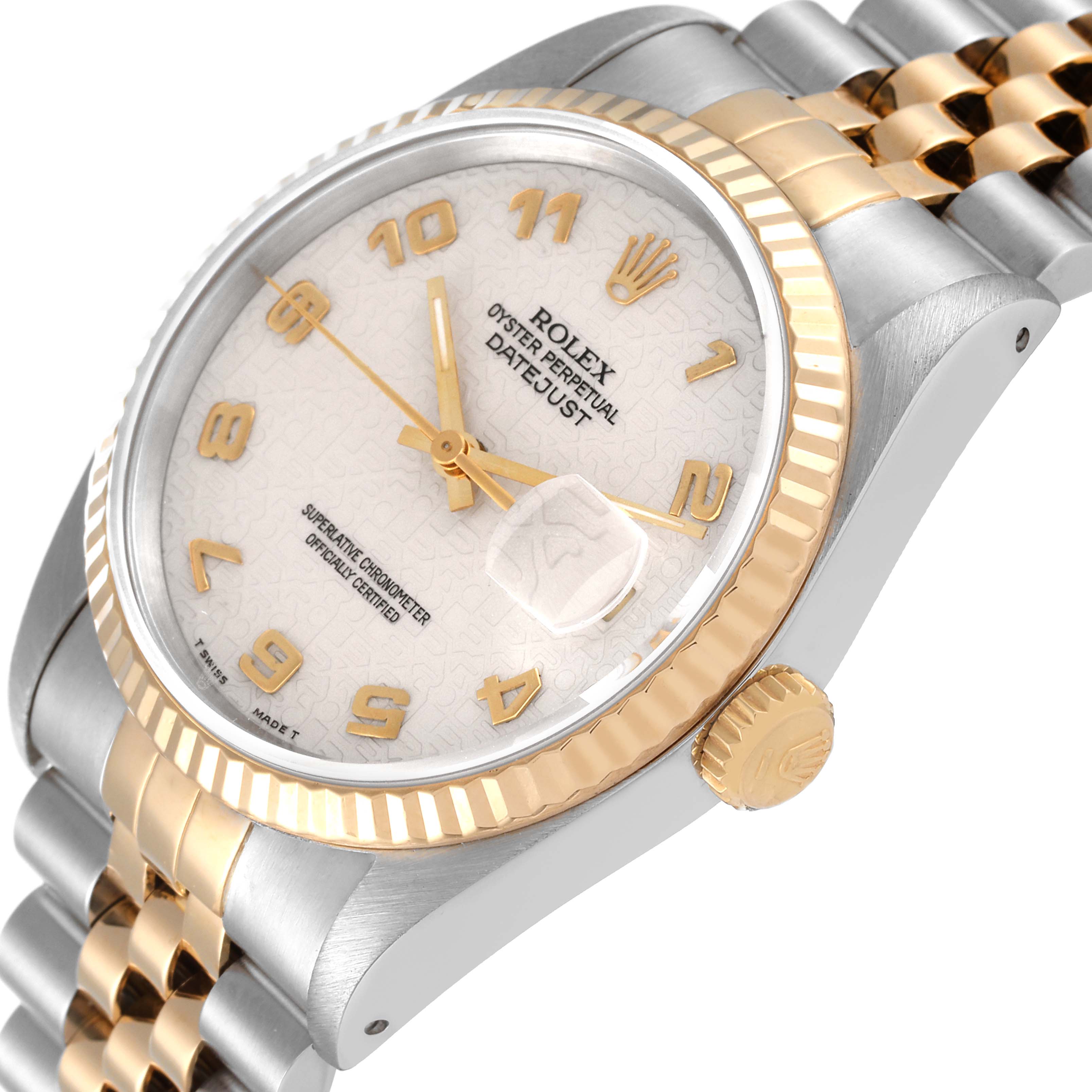 The image shows a close-up angled view of a Rolex Datejust 16233 Men's Steel and Gold (two tone) Beige Dial 16233 Men's Steel and Gold (two tone) Beige Dial watch, highlighting its face, bezel, crown, and part of the bracelet.